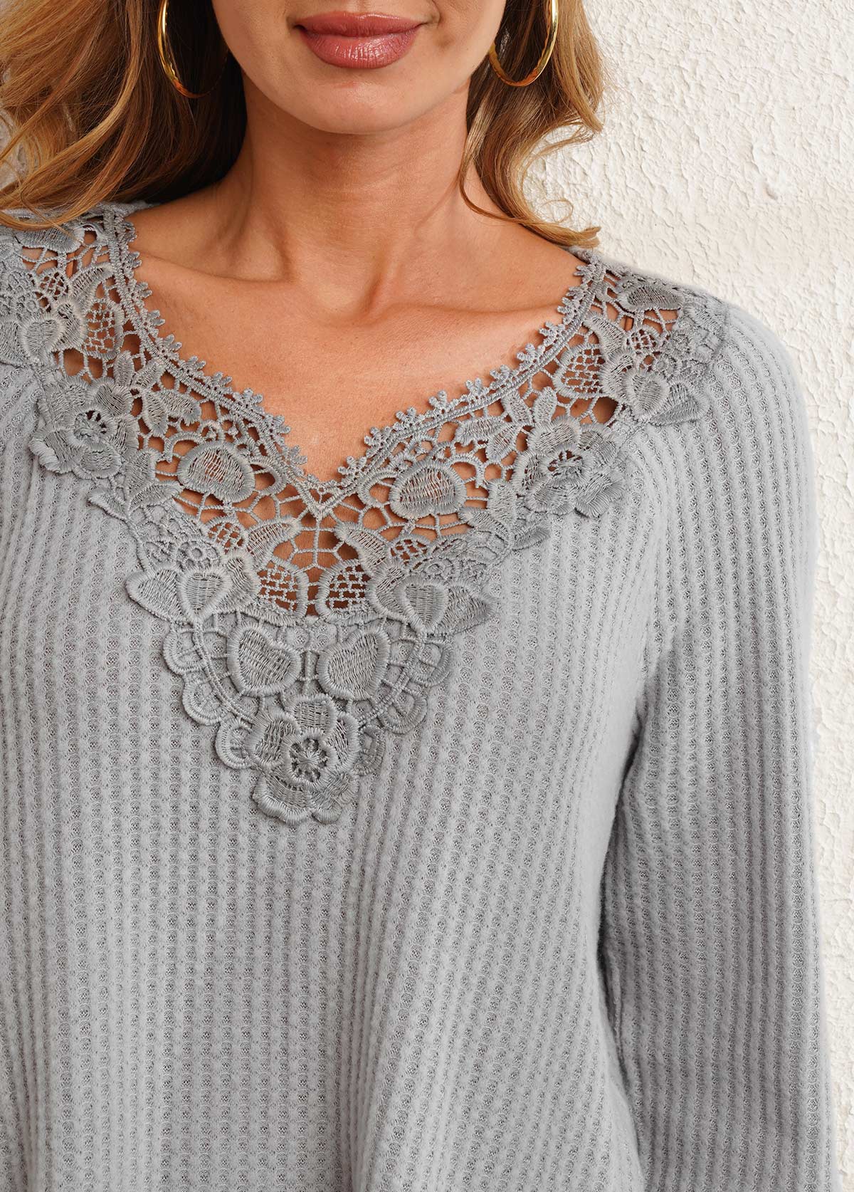 Grey tops,Plain Color tops,ROTITA Lace Patchwork Grey V Neck T Shirt
