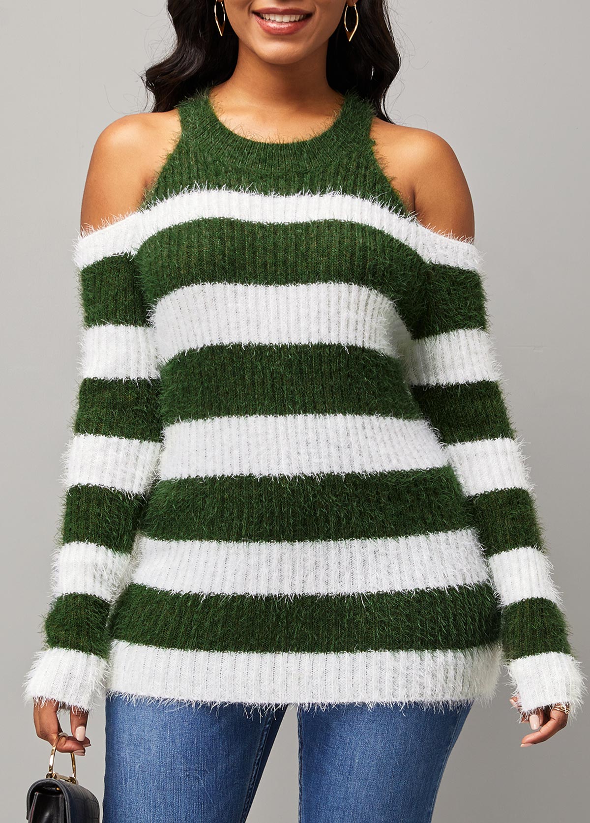 ROTITA Stripe Print Cold Shoulder Round Neck Long Sleeve Sweater