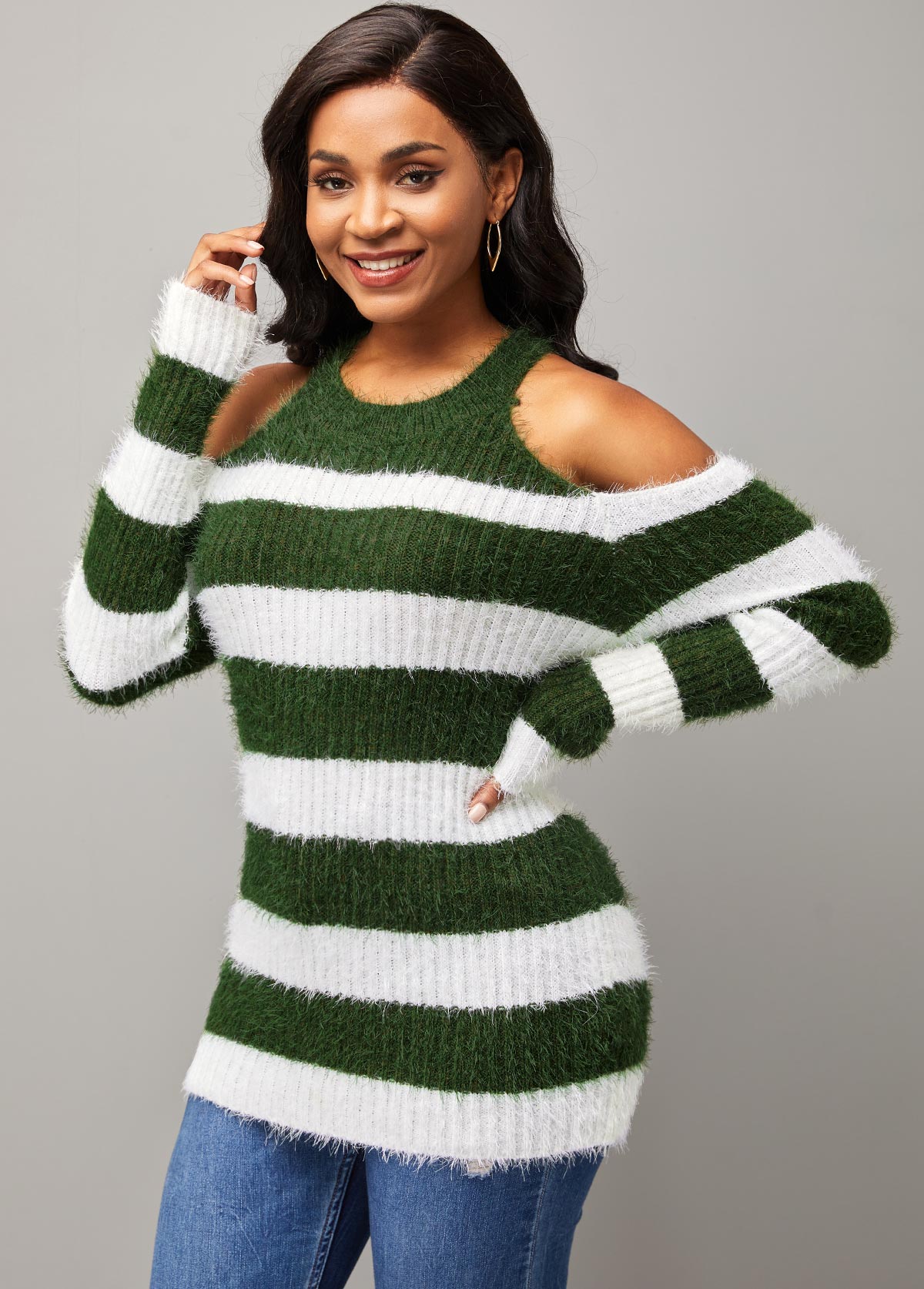 Multi Color tops,Striped tops,ROTITA Stripe Print Cold Shoulder Round Neck Long Sleeve Sweater