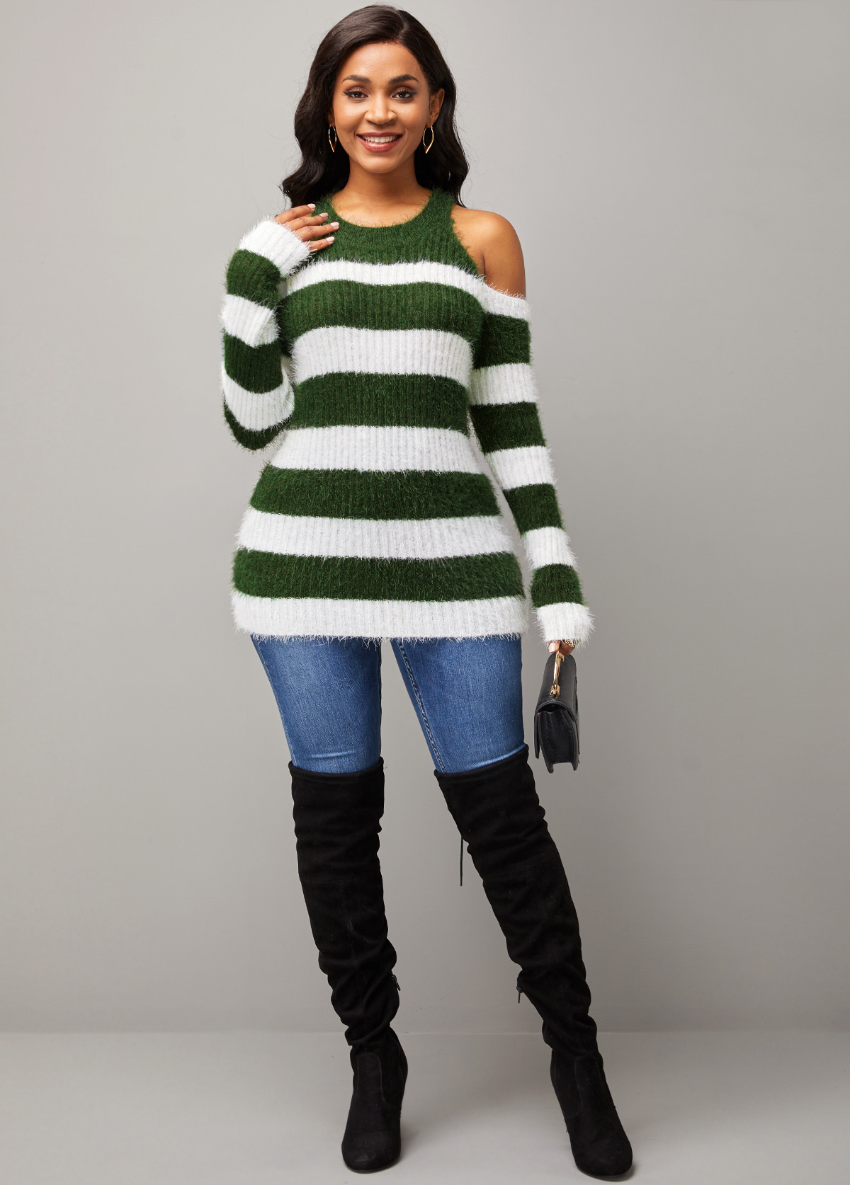 Multi Color tops,Striped tops,ROTITA Stripe Print Cold Shoulder Round Neck Long Sleeve Sweater