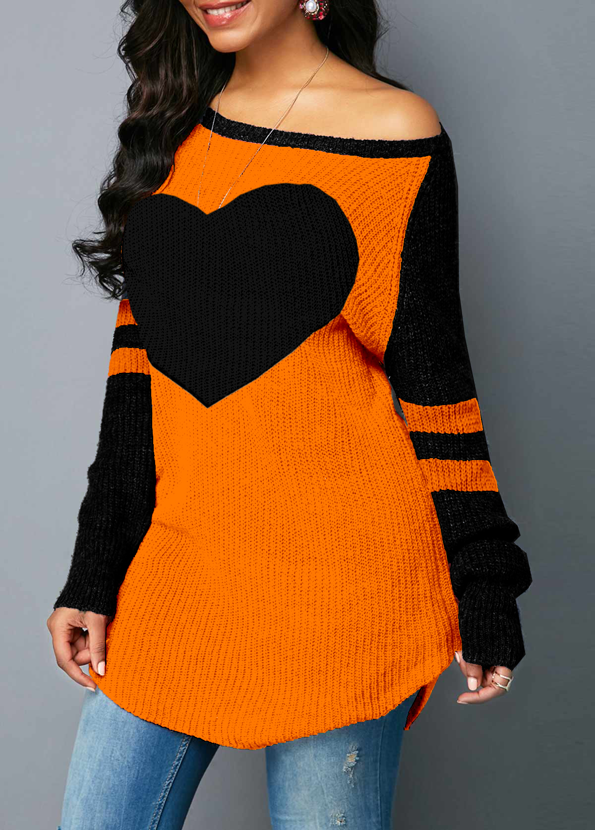 Heart tops,ROTITA Heart Design Contrast Long Sleeve Sweater