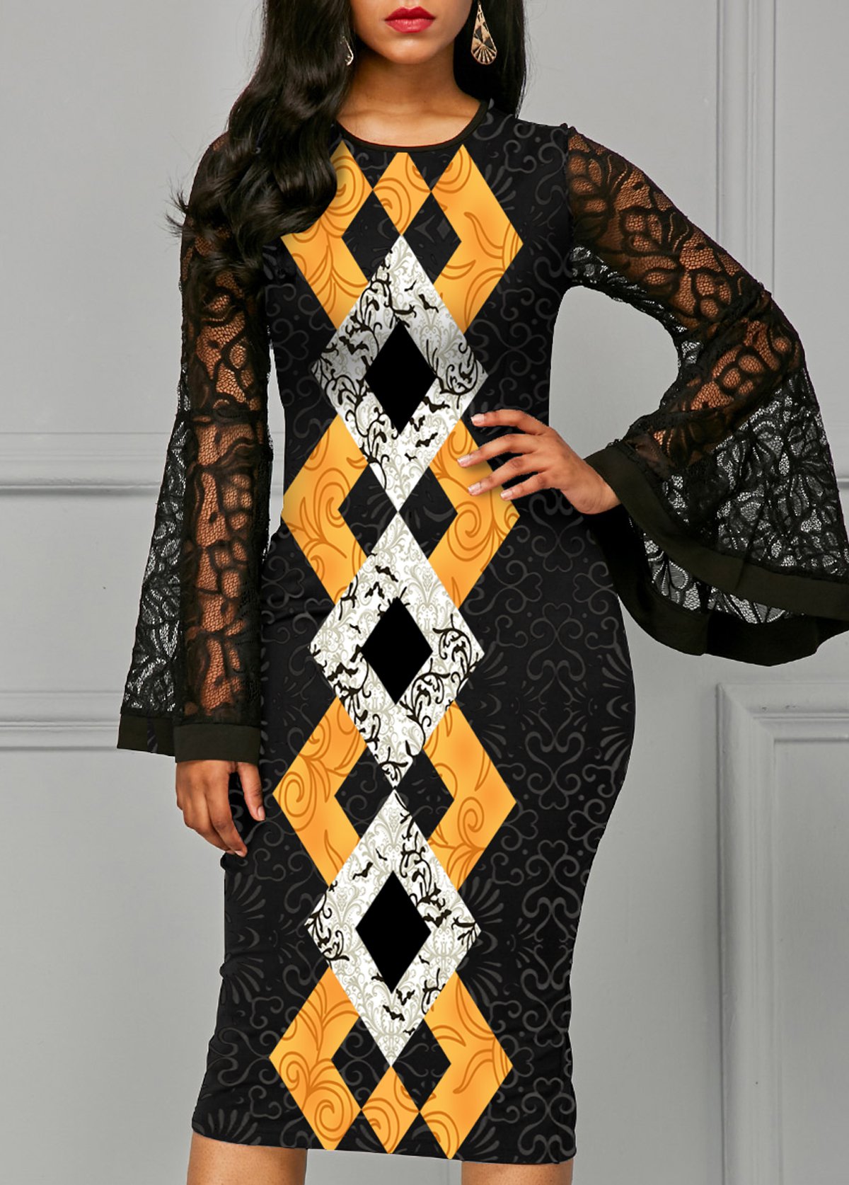 Black dresses,Geometric dresses,ROTITA Geometric Print Lace Patchwork Round Neck Dress