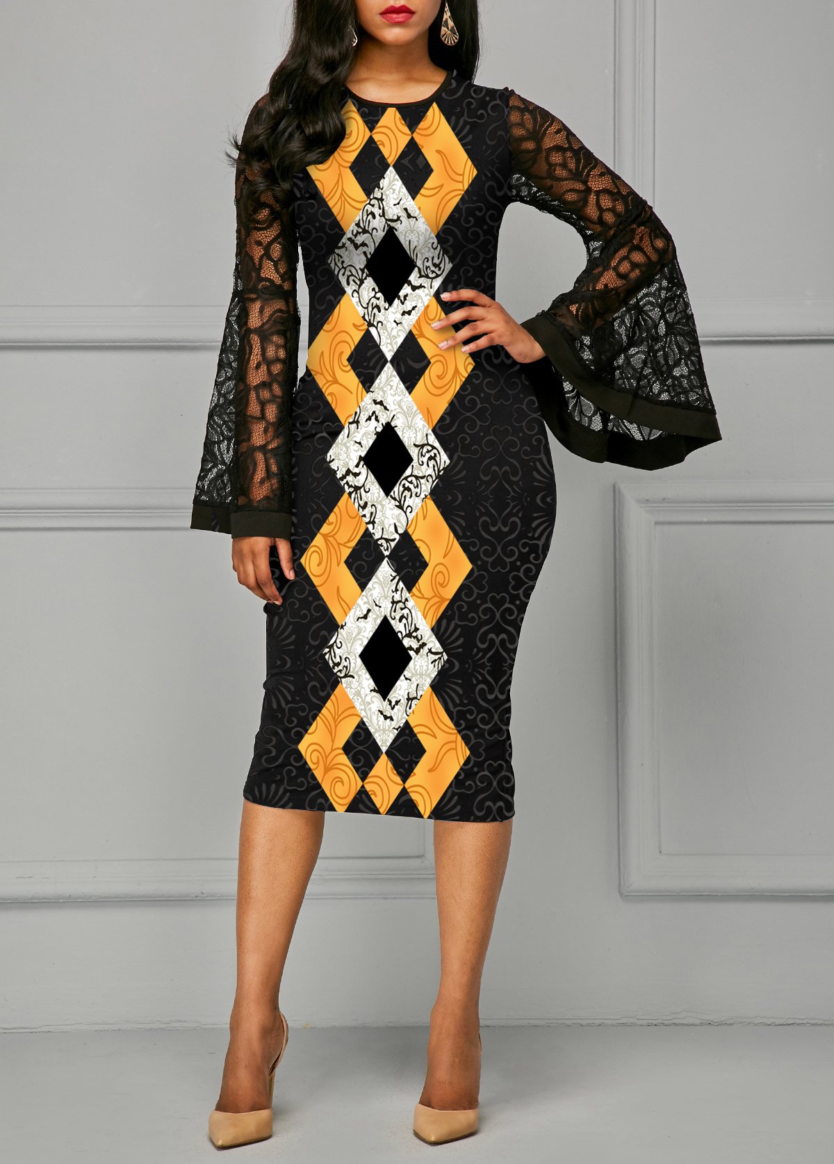 Black dresses,Geometric dresses,ROTITA Geometric Print Lace Patchwork Round Neck Dress