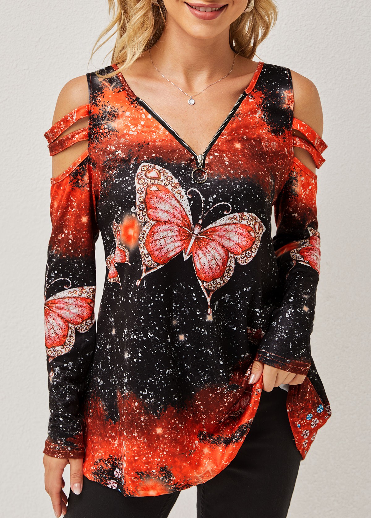 Orange tops,Animal Print tops,Cold Shoulder Quarter Zip Butterfly Print T Shirt