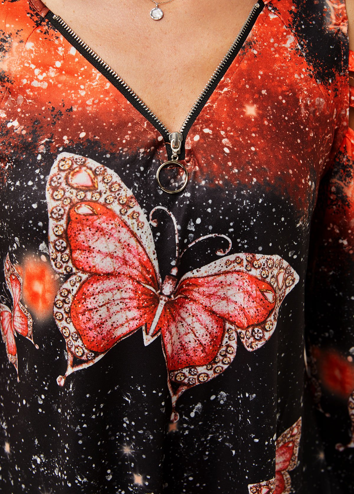 Orange tops,Animal Print tops,Cold Shoulder Quarter Zip Butterfly Print T Shirt