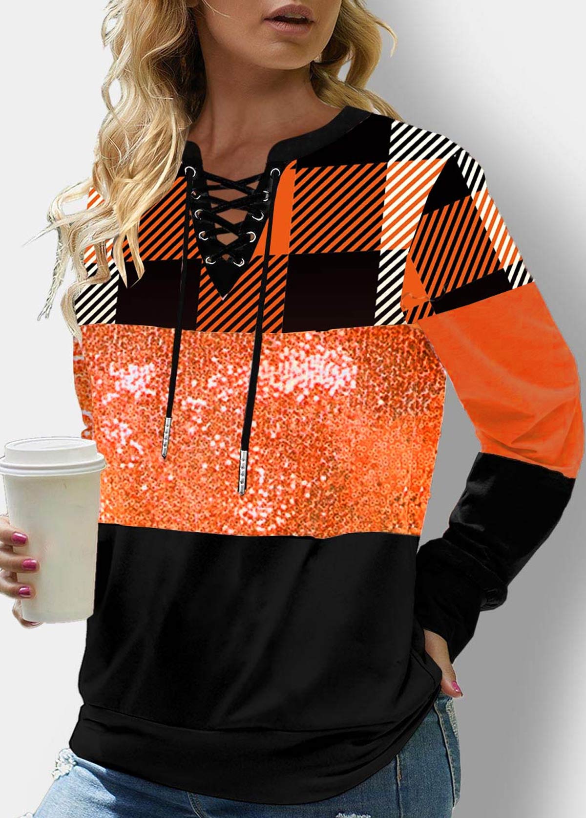 ROTITA Lace Up Plaid Orange Sequin Sweatshirt