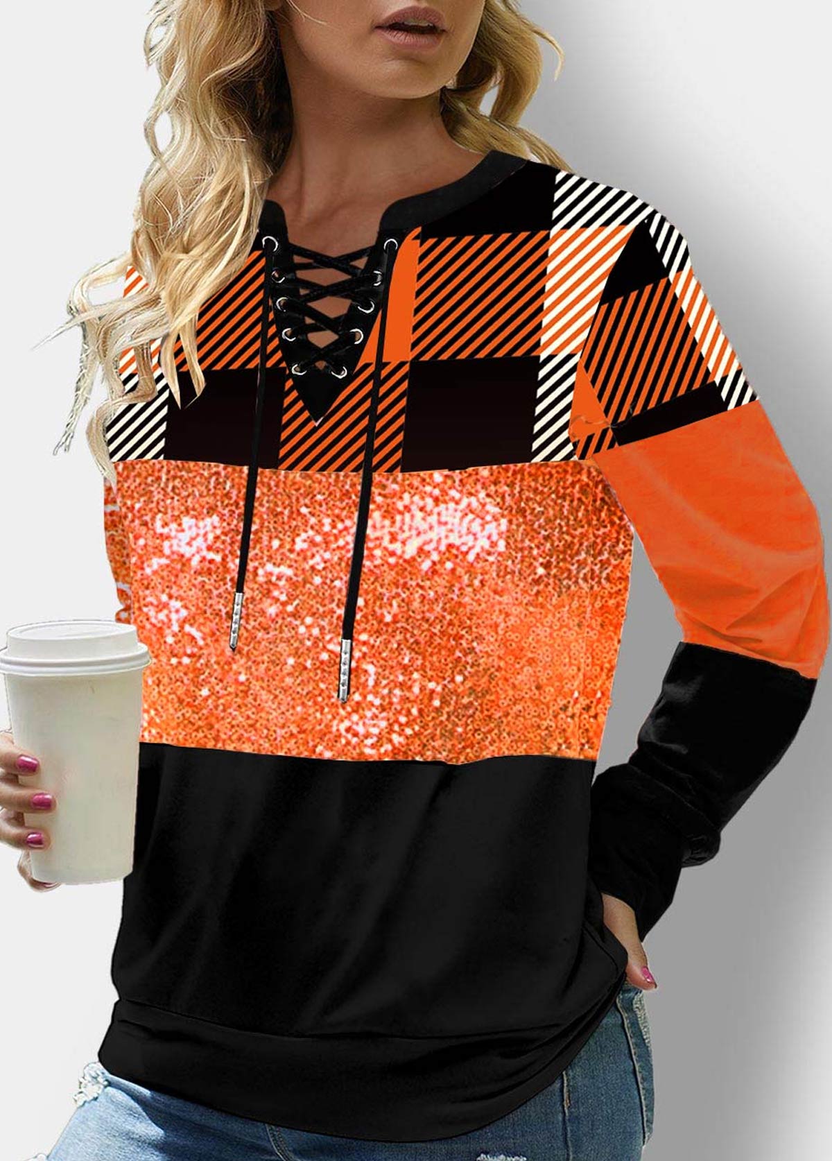 Orange tops,Plaid tops,ROTITA Lace Up Plaid Orange Sequin Sweatshirt