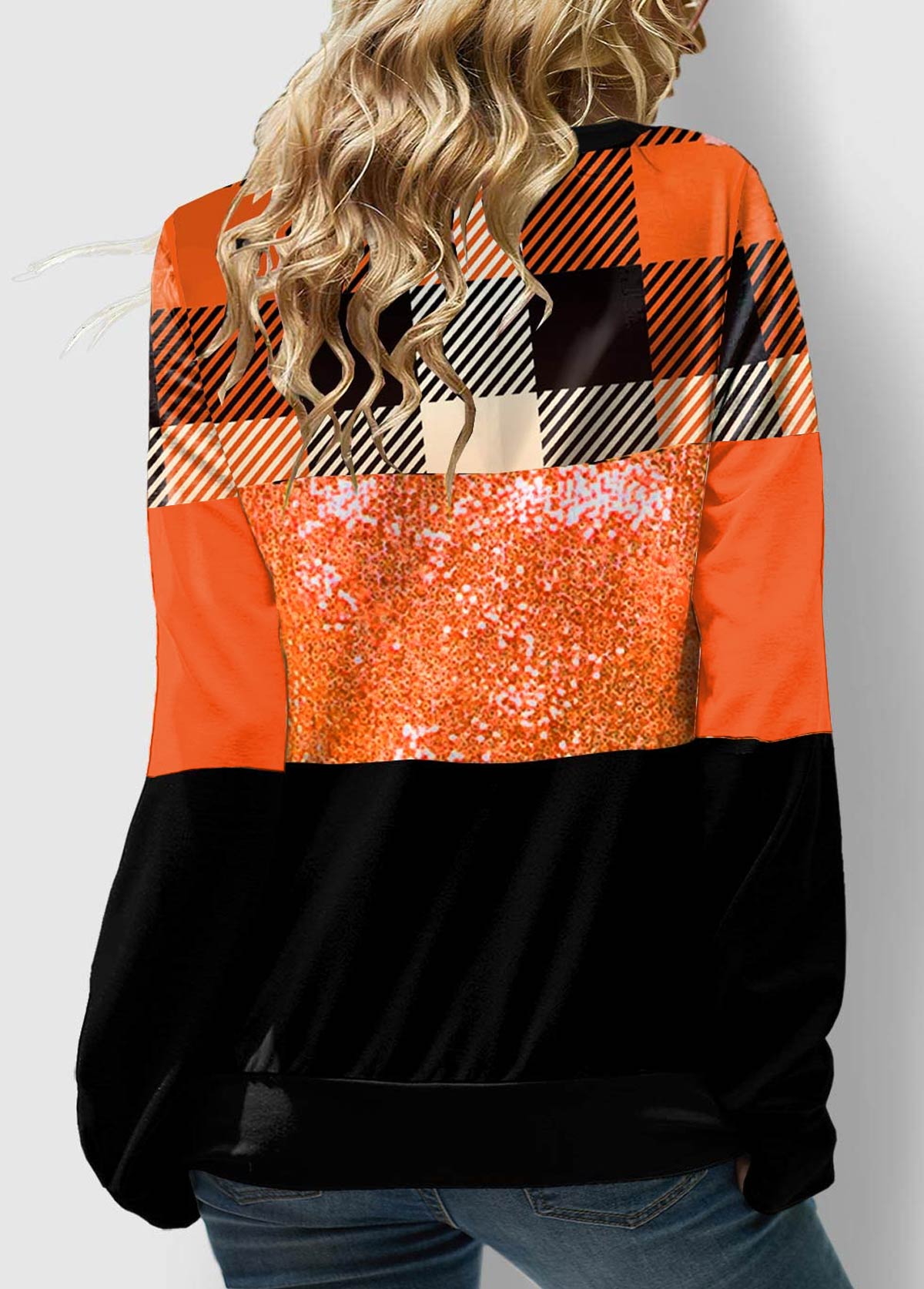 Orange tops,Plaid tops,ROTITA Lace Up Plaid Orange Sequin Sweatshirt