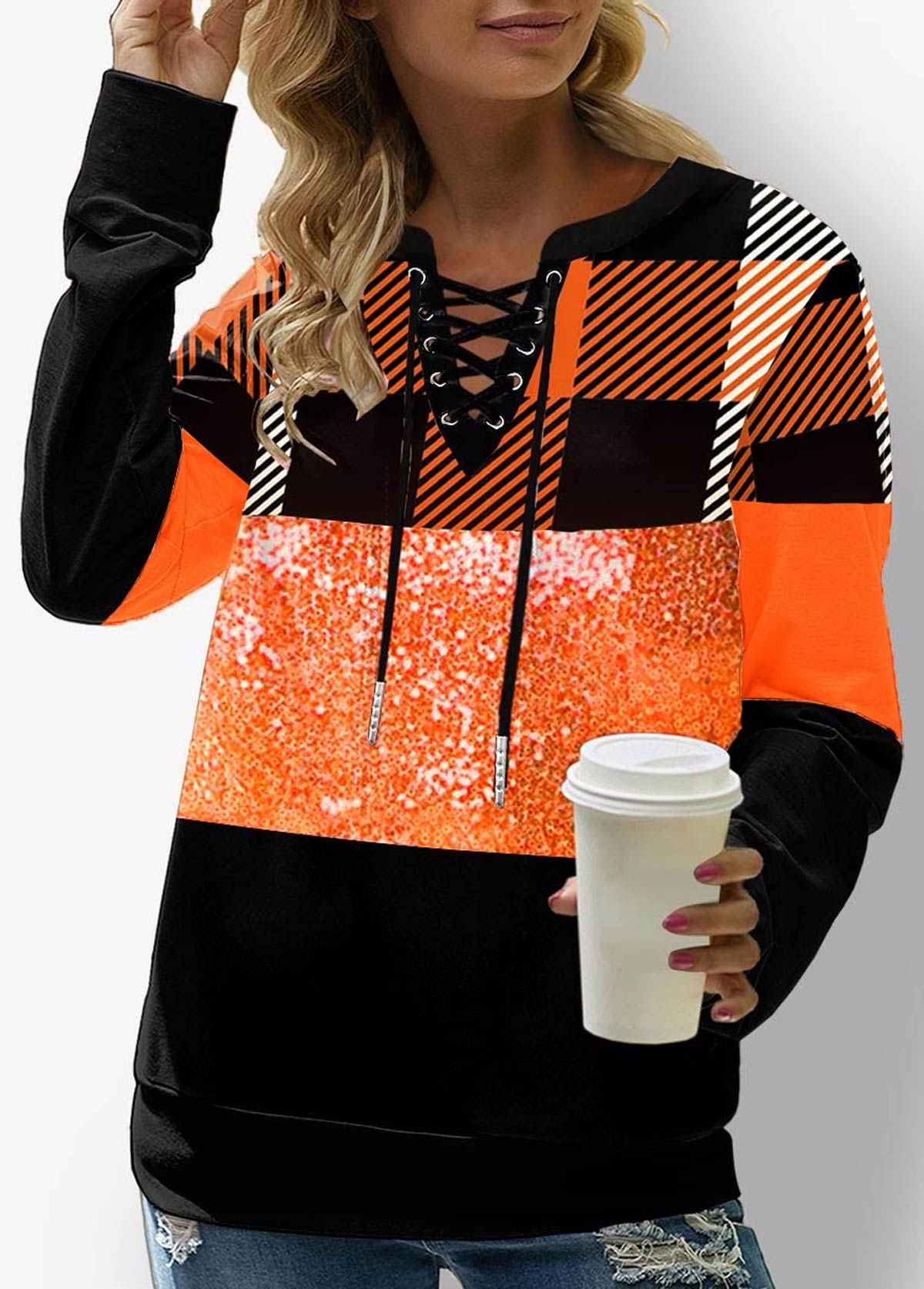Orange tops,Plaid tops,ROTITA Lace Up Plaid Orange Sequin Sweatshirt