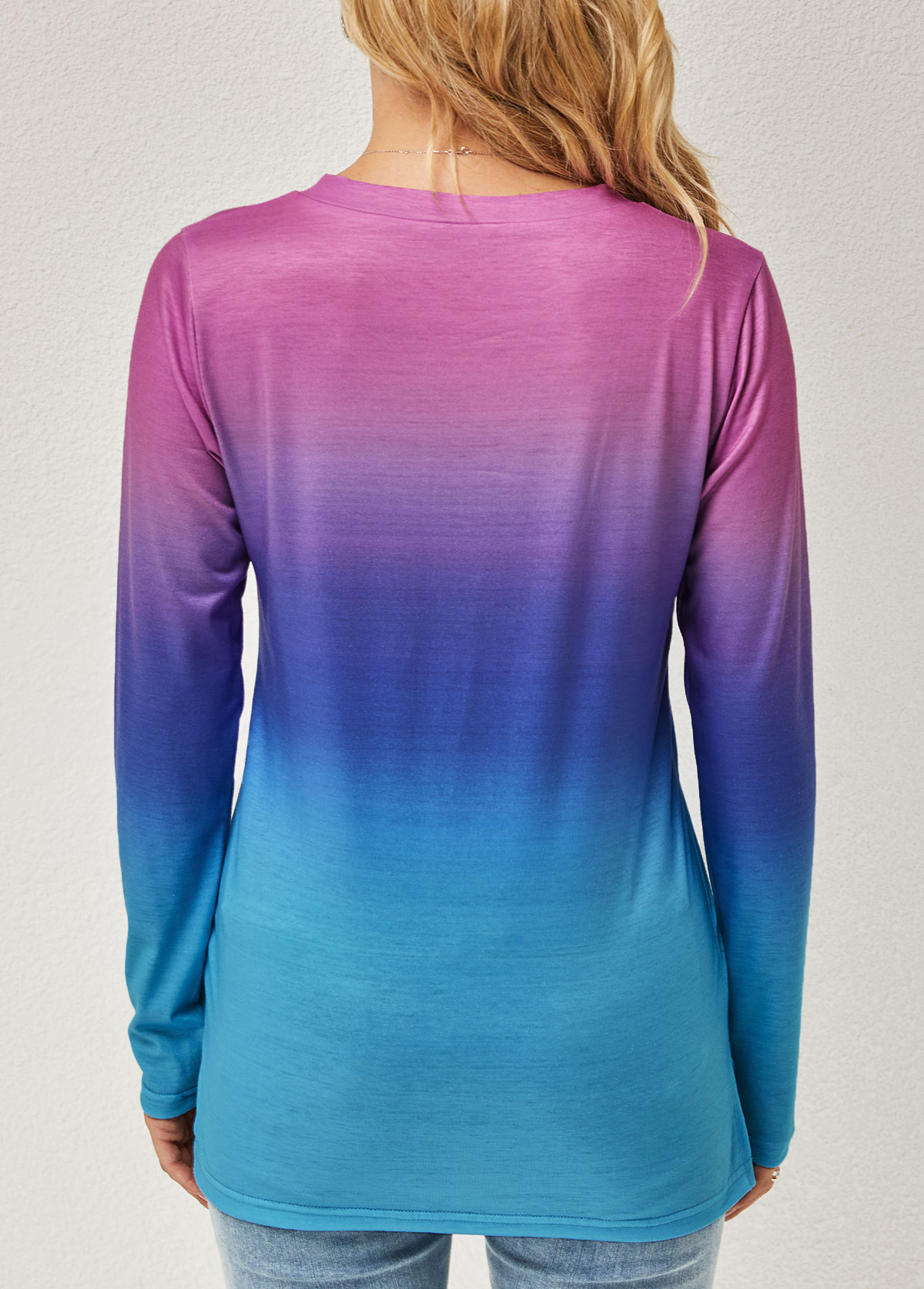 Multi Color tops,Ombre tops,Ombre V Neck Long Sleeve T Shirt