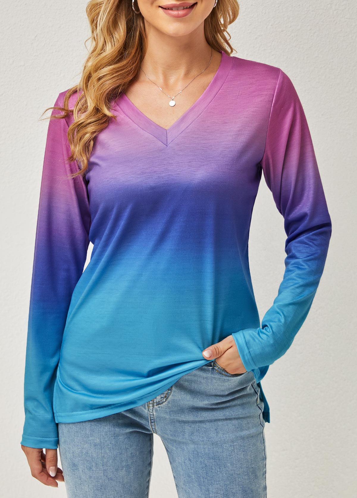 Multi Color tops,Ombre tops,Ombre V Neck Long Sleeve T Shirt