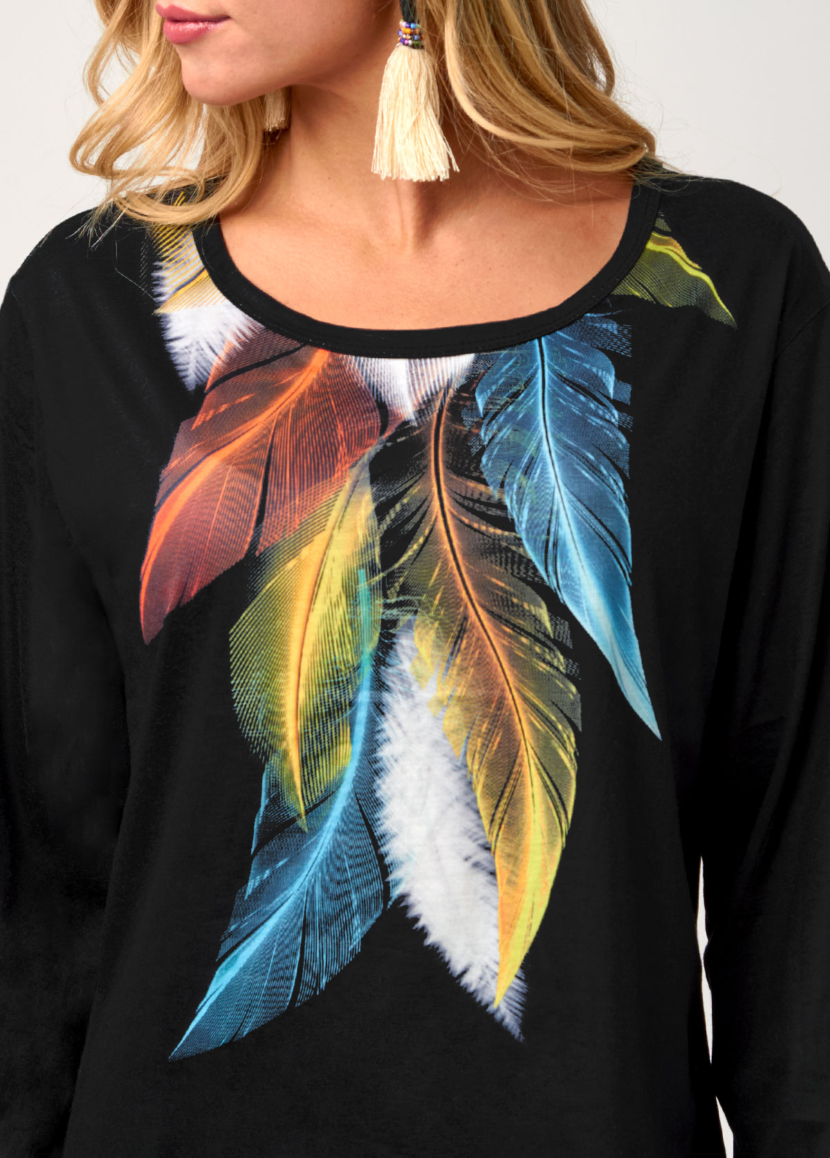 Black tops,Tribal tops,Rainbow Feathers Black Round Neck T Shirt