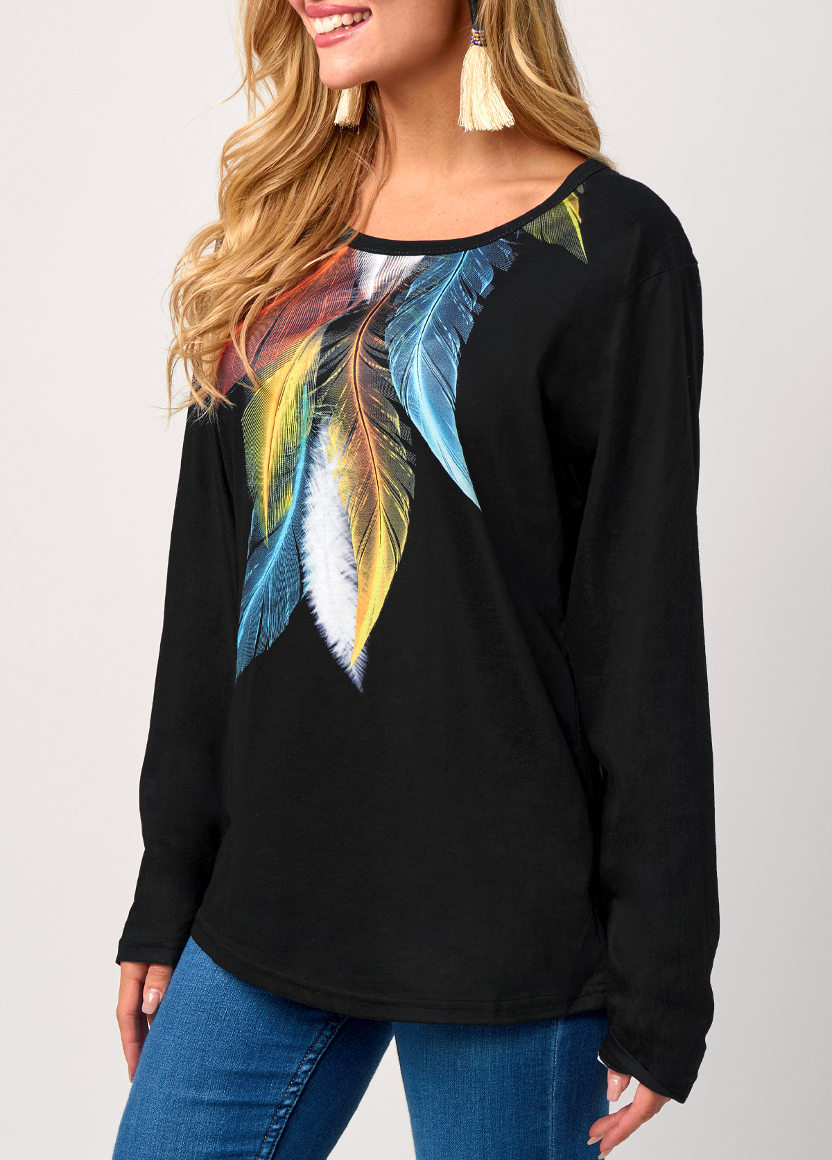 Black tops,Tribal tops,Rainbow Feathers Black Round Neck T Shirt