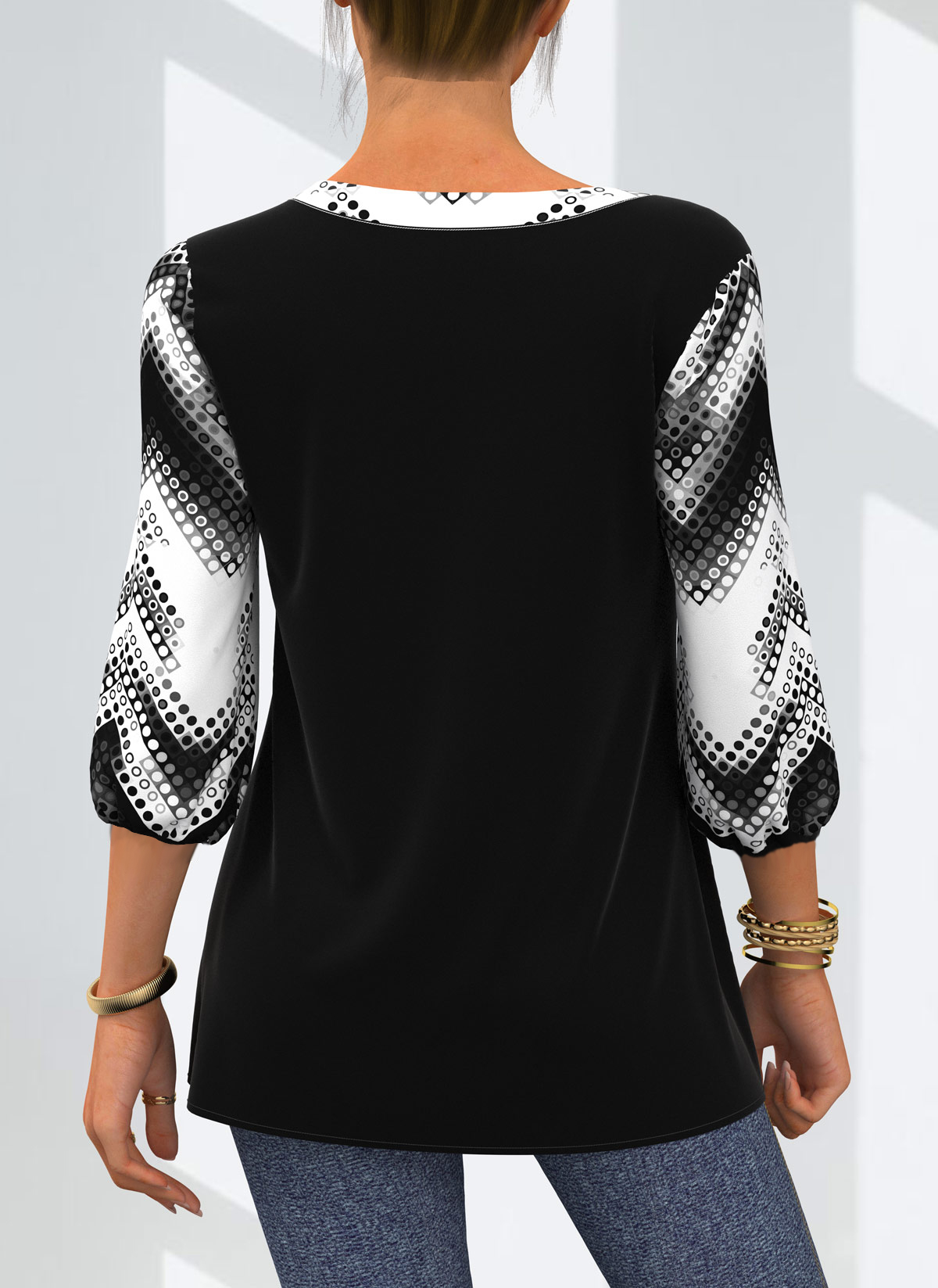 Black tops,Geometric tops,ROTITA Geometric Print Decorative Button V Neck T Shirt