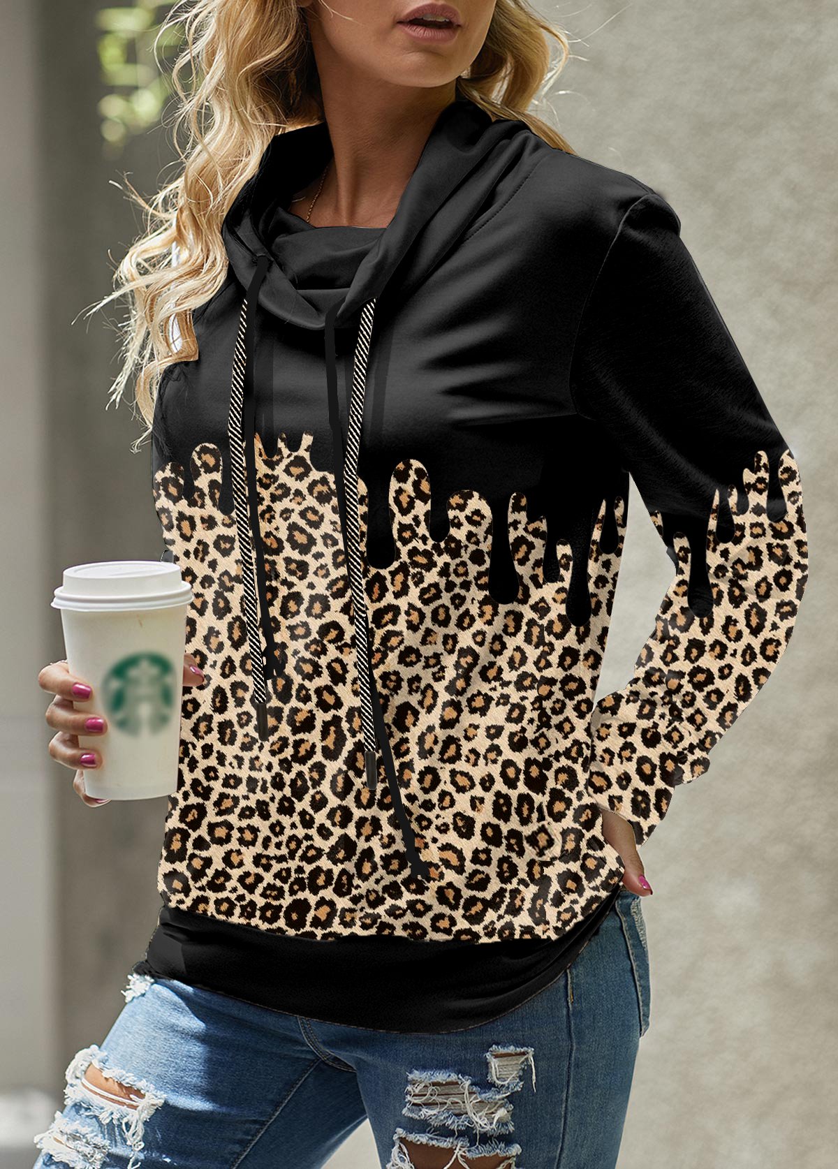 ROTITA Leopard Cowl Neck Long Sleeve Sweatshirt