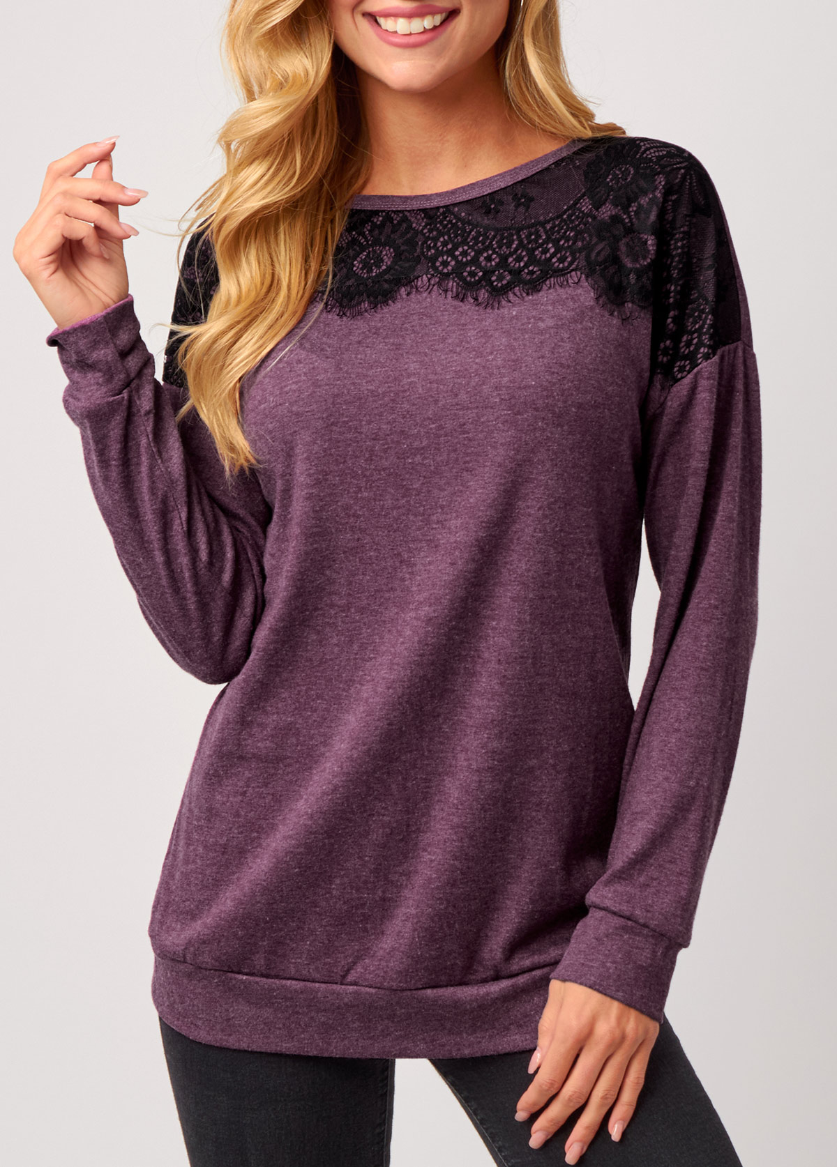 Purple Lace Panel Long Sleeve T Shirt