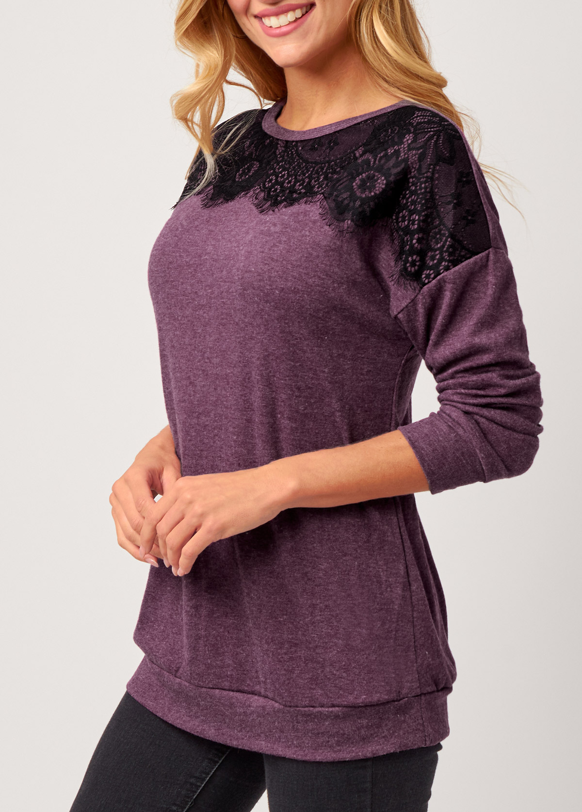 Purple tops,Contrast Color tops,Purple Lace Panel Long Sleeve T Shirt