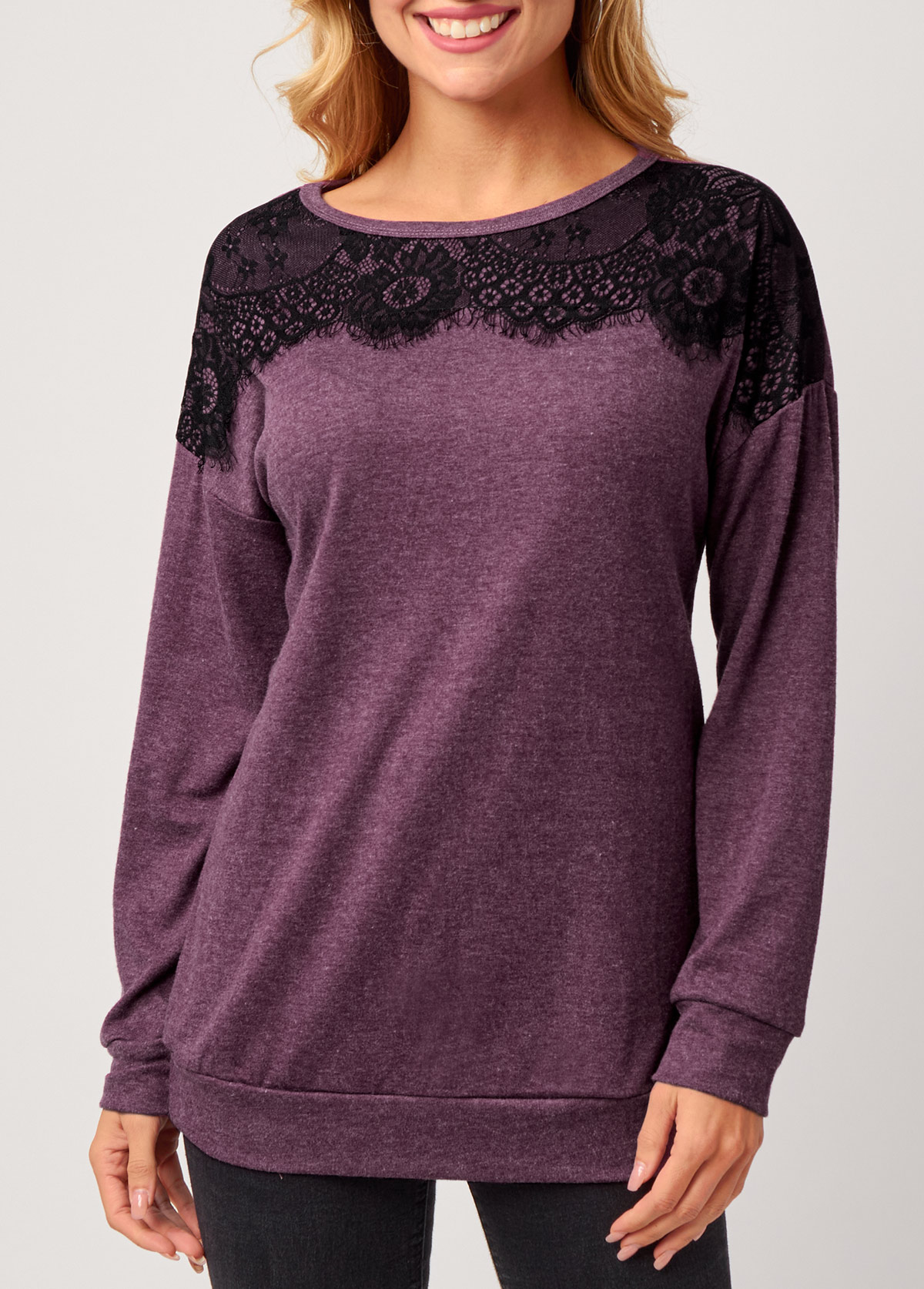 Purple tops,Contrast Color tops,Purple Lace Panel Long Sleeve T Shirt