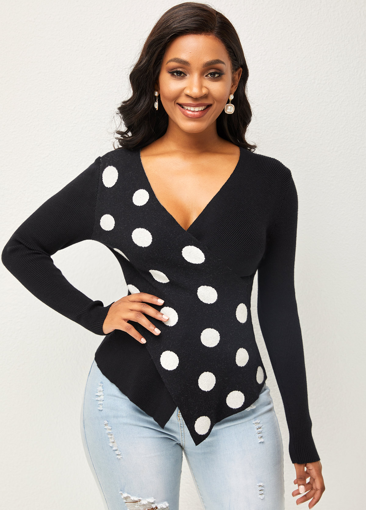 Multi Color tops,Dot tops,ROTITA Polka Dot Cross Front Long Sleeve Sweater