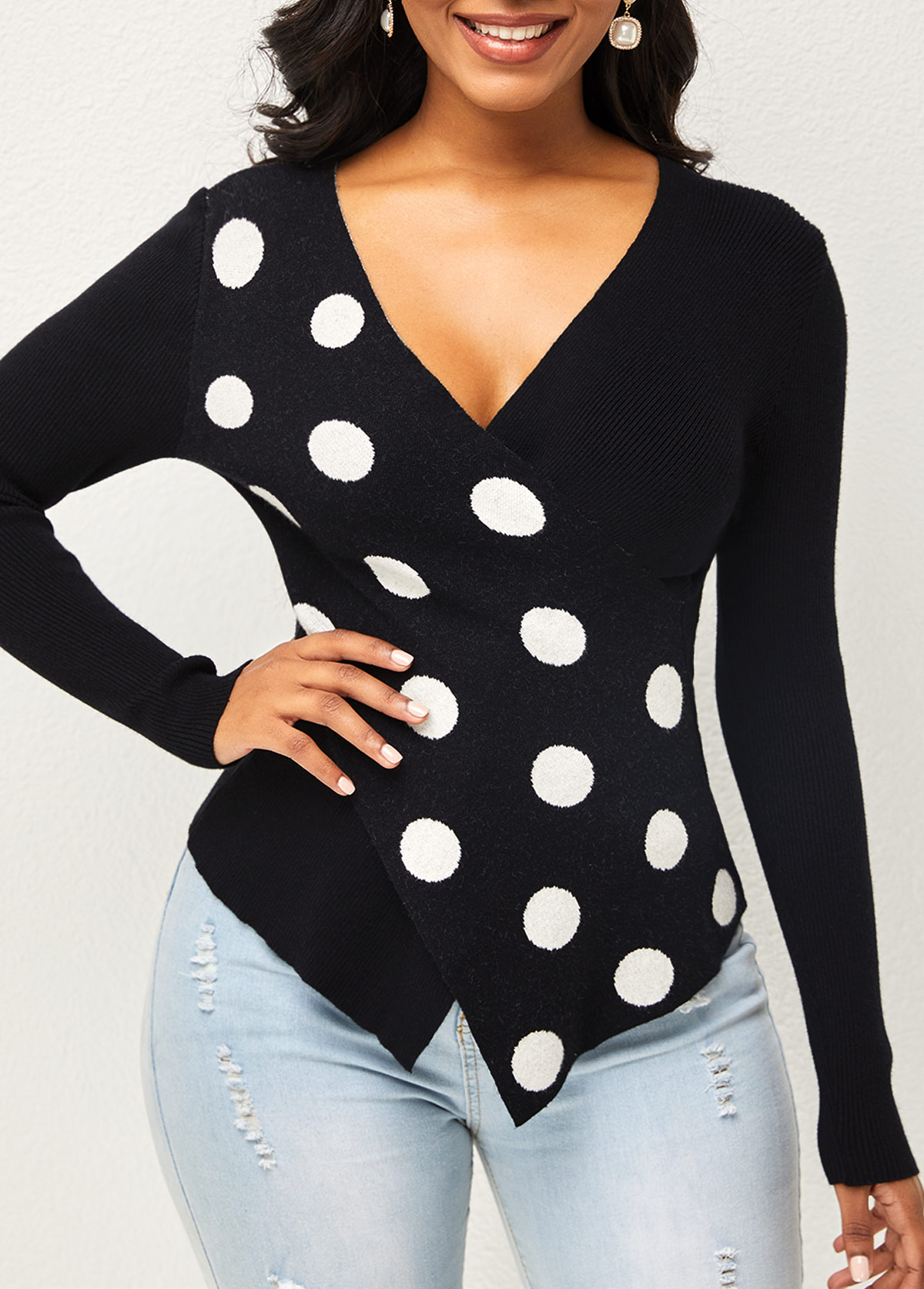 Multi Color tops,Dot tops,ROTITA Polka Dot Cross Front Long Sleeve Sweater