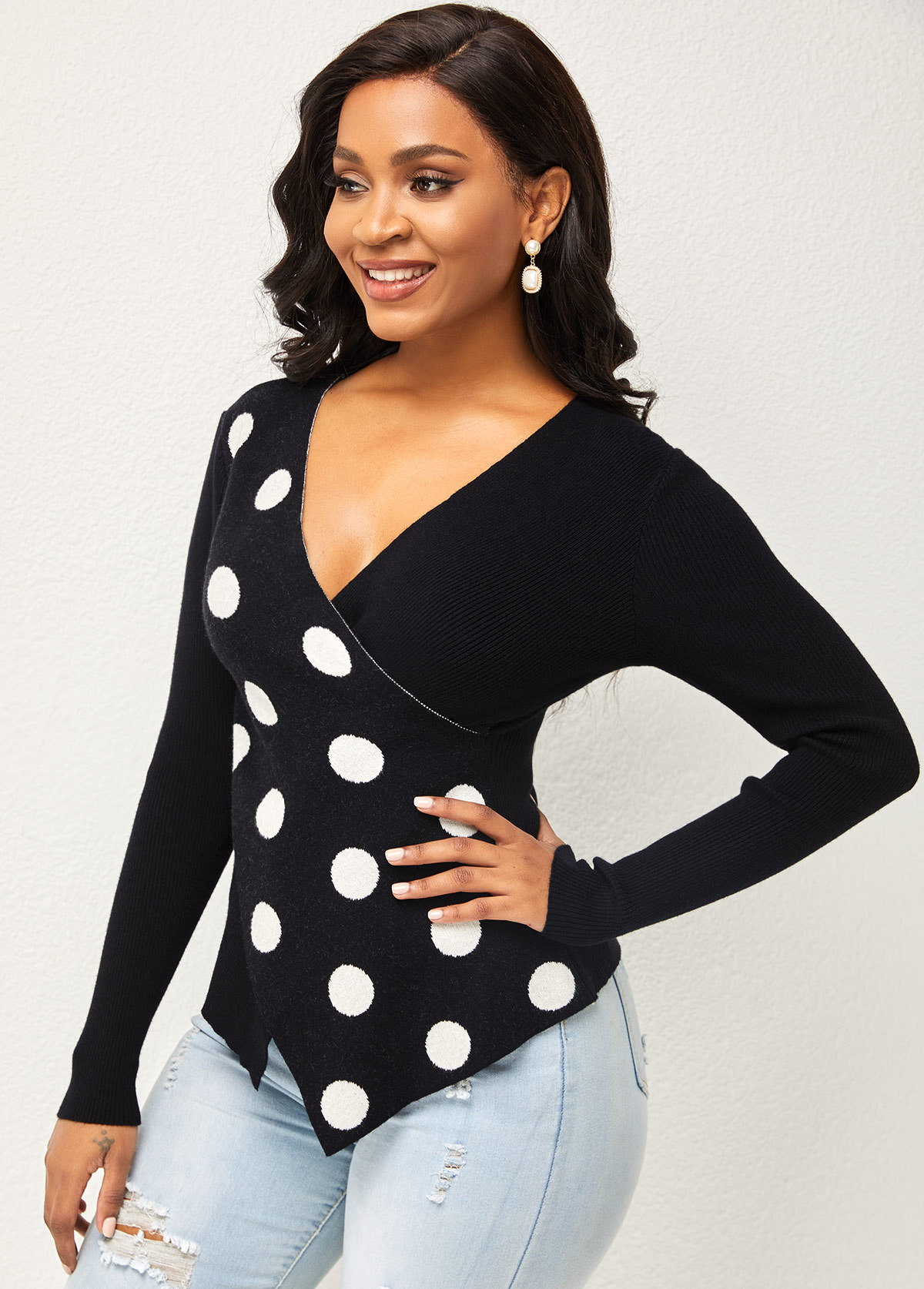 Multi Color tops,Dot tops,ROTITA Polka Dot Cross Front Long Sleeve Sweater