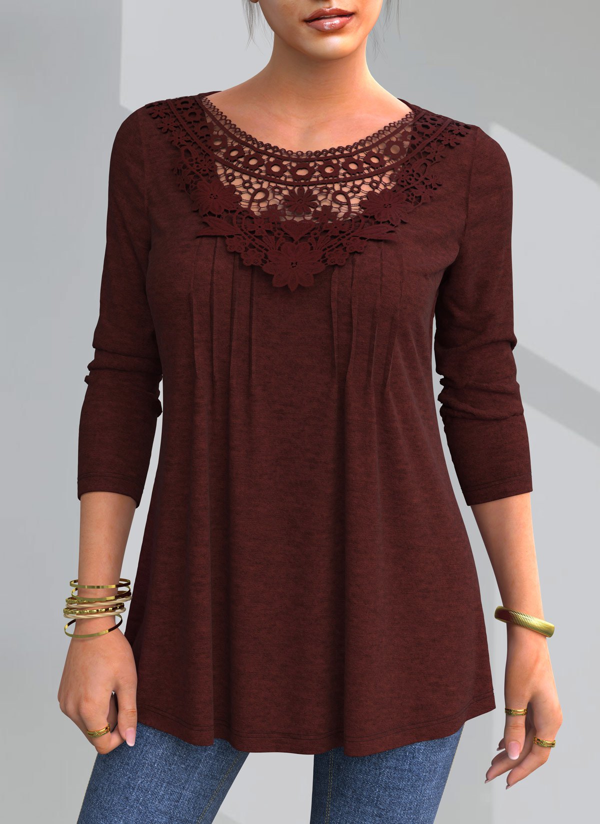 Wine Red tops,Plain Color tops,ROTITA Lace Patchwork Crinkle Chest Round Neck Blouse