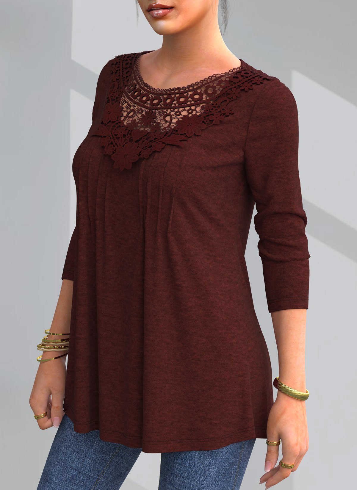 Wine Red tops,Plain Color tops,ROTITA Lace Patchwork Crinkle Chest Round Neck Blouse