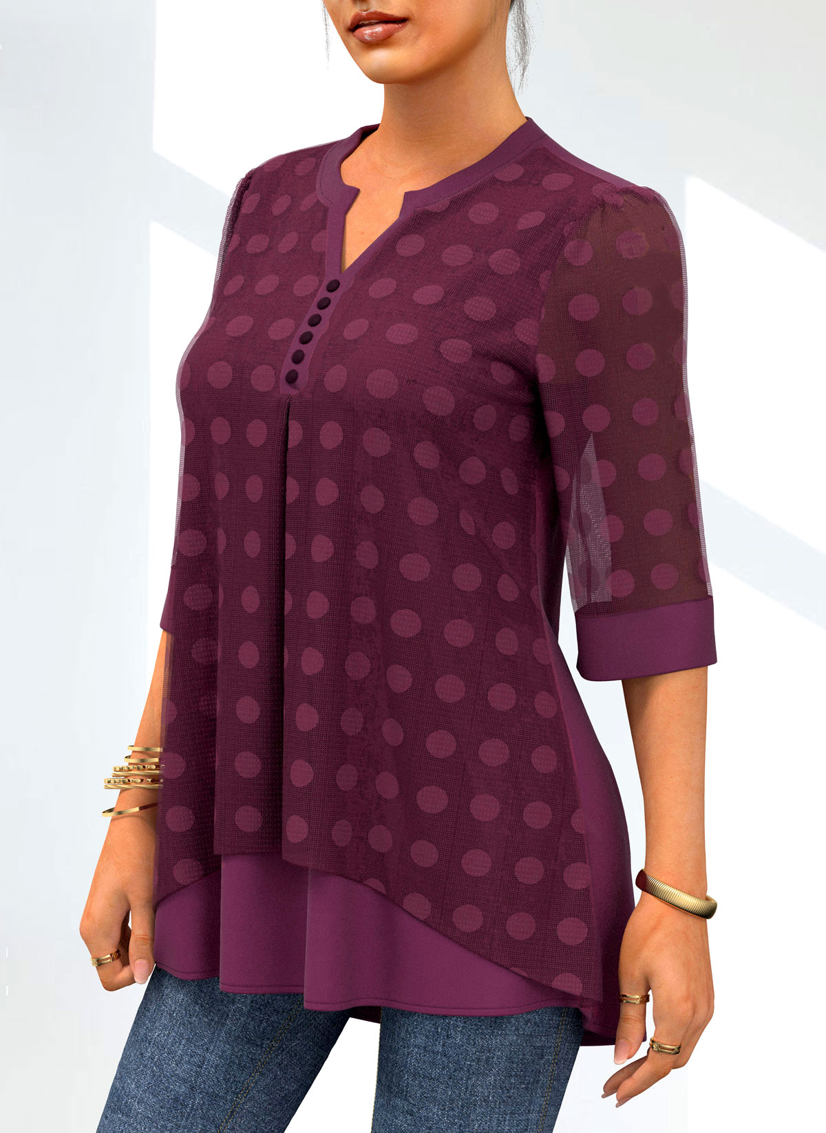 Dark Purple tops,Dot tops,ROTITA Layered Lace Stitching Polka Dot Blouse