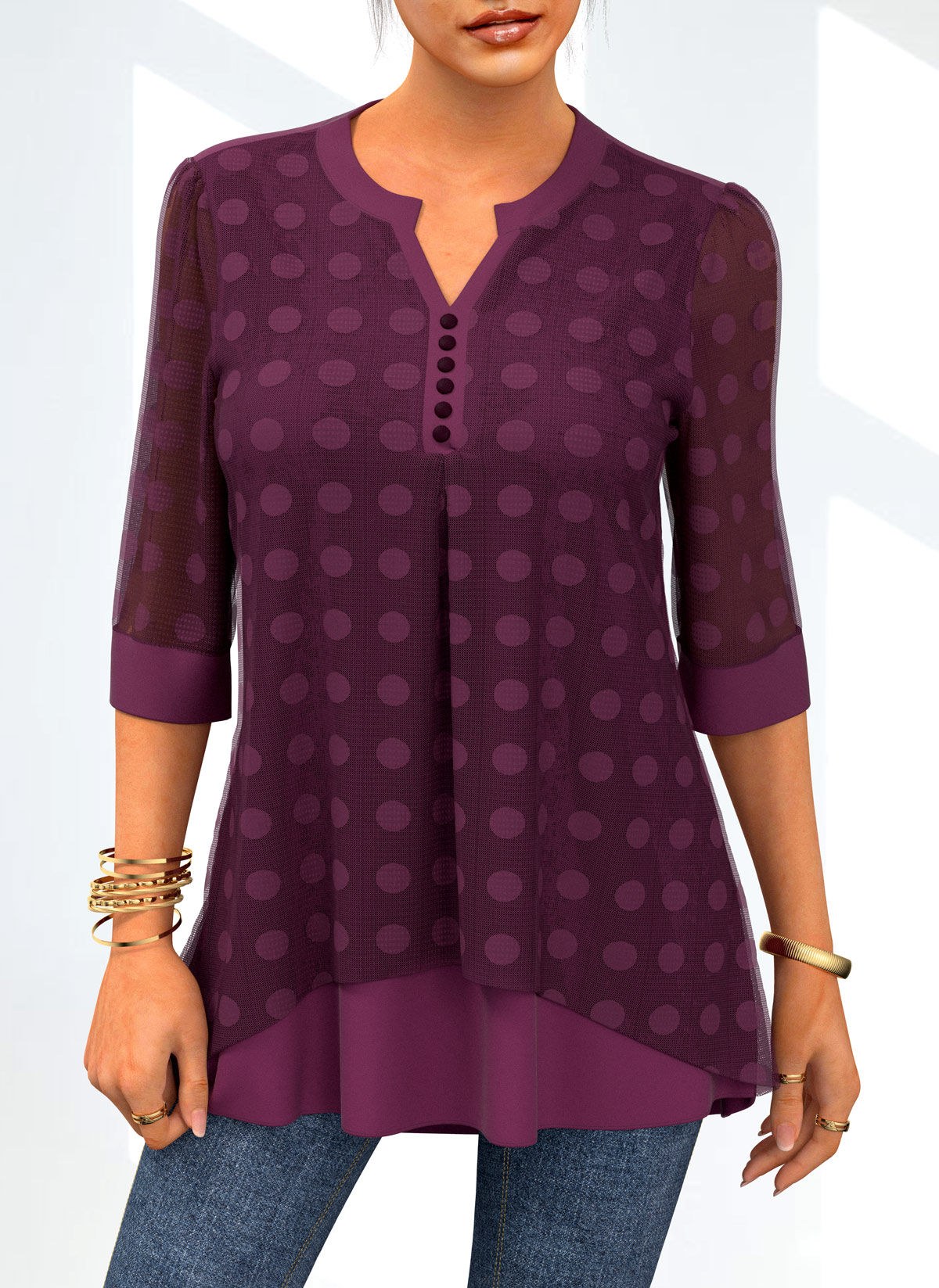 Dark Purple tops,Dot tops,ROTITA Layered Lace Stitching Polka Dot Blouse