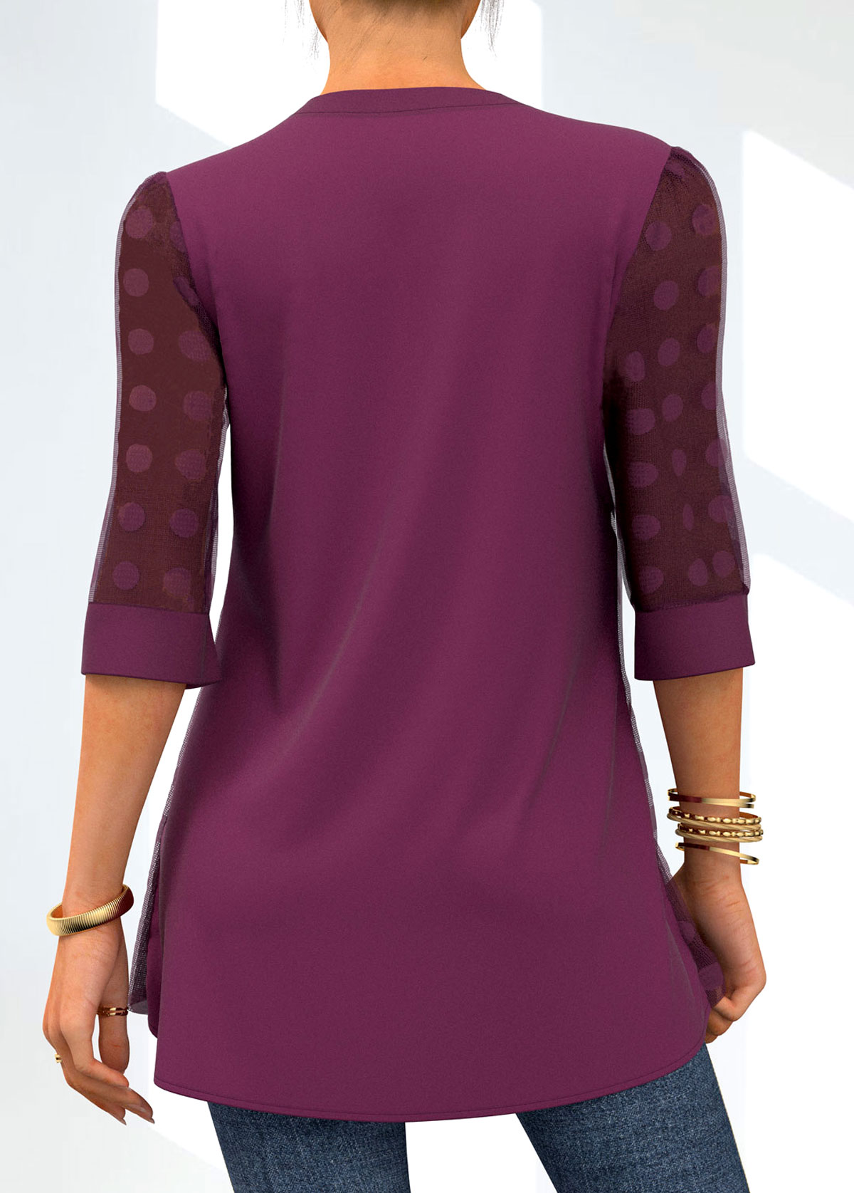 Dark Purple tops,Dot tops,ROTITA Layered Lace Stitching Polka Dot Blouse