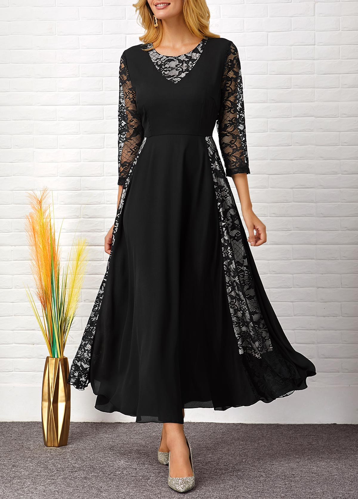 ROTITA Lace Patchwork 3/4 Sleeve Round Neck Dress
