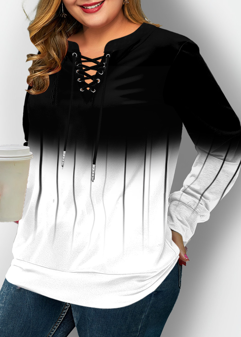 White tops,Contrast Color tops,ROTITA Lace Up Long Sleeve Ombre Sweatshirt