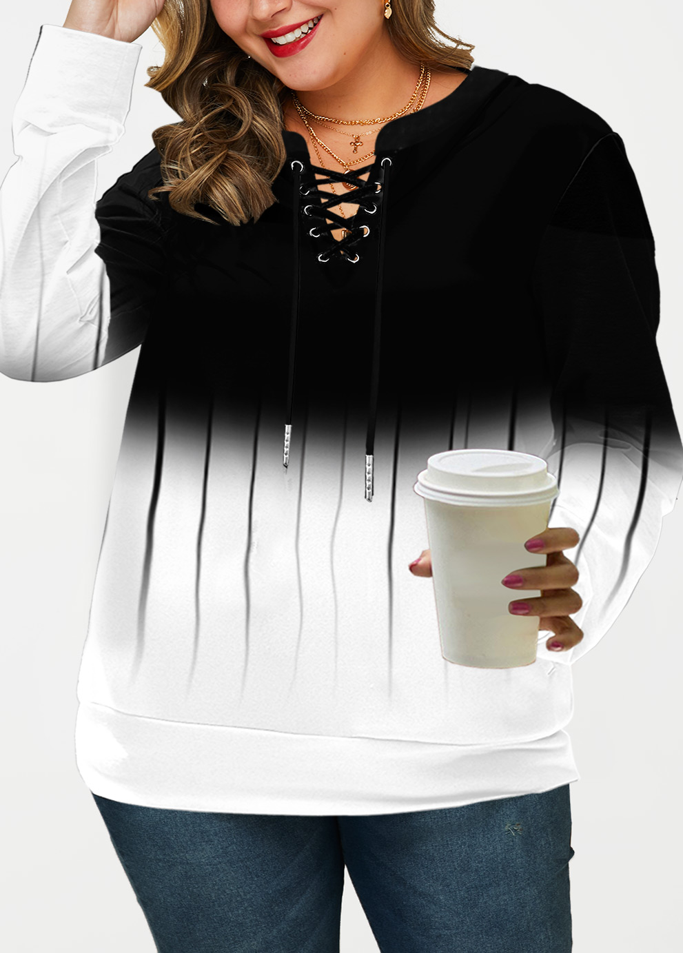 White tops,Contrast Color tops,ROTITA Lace Up Long Sleeve Ombre Sweatshirt