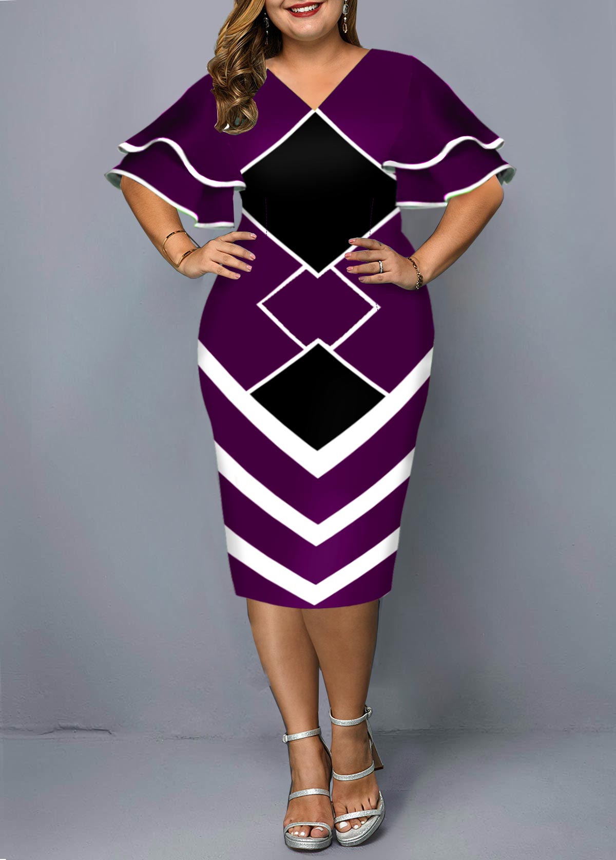 ROTITA Geometric Print Plus Size Layered Bell Sleeve Dress
