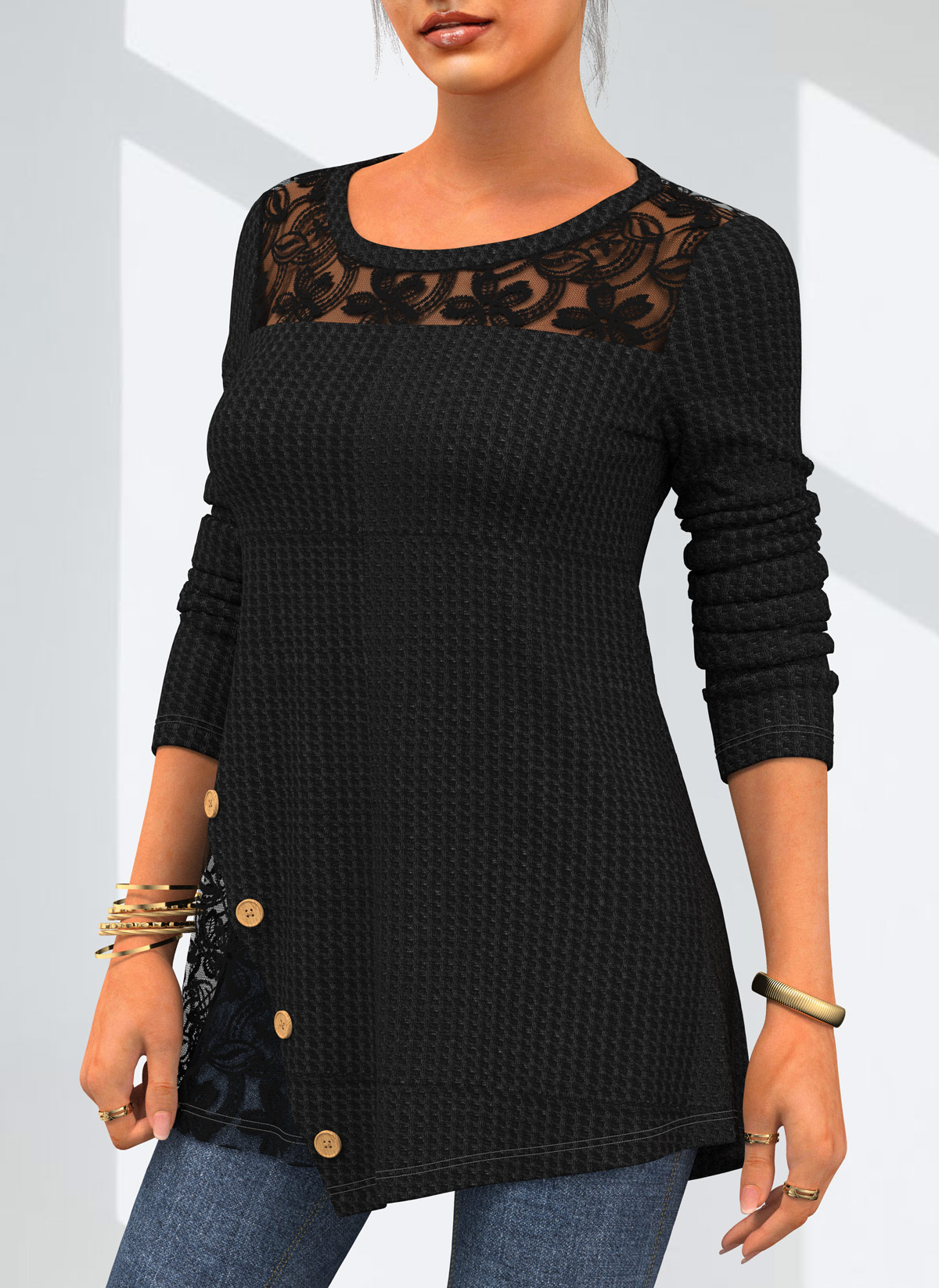 Black tops,Plain Color tops,ROTITA Solid Lace Patchwork Round Neck T Shirt