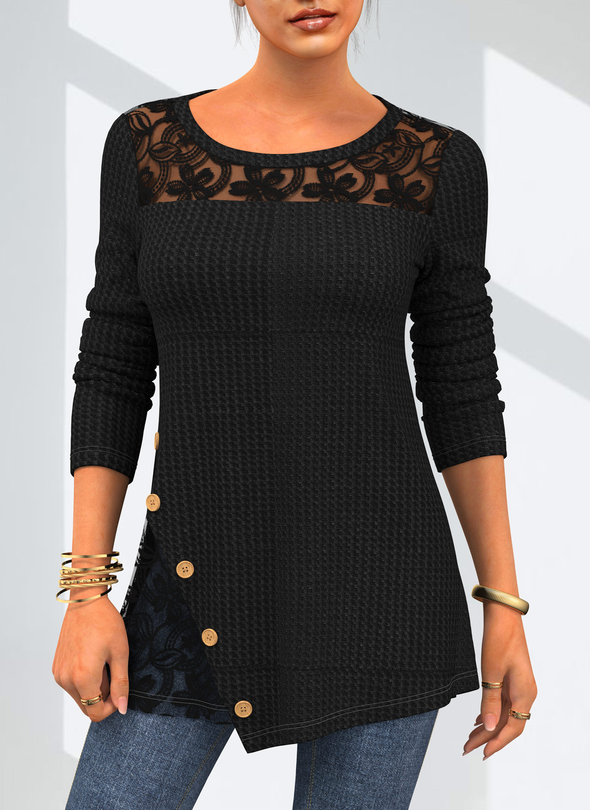 Black tops,Plain Color tops,ROTITA Solid Lace Patchwork Round Neck T Shirt