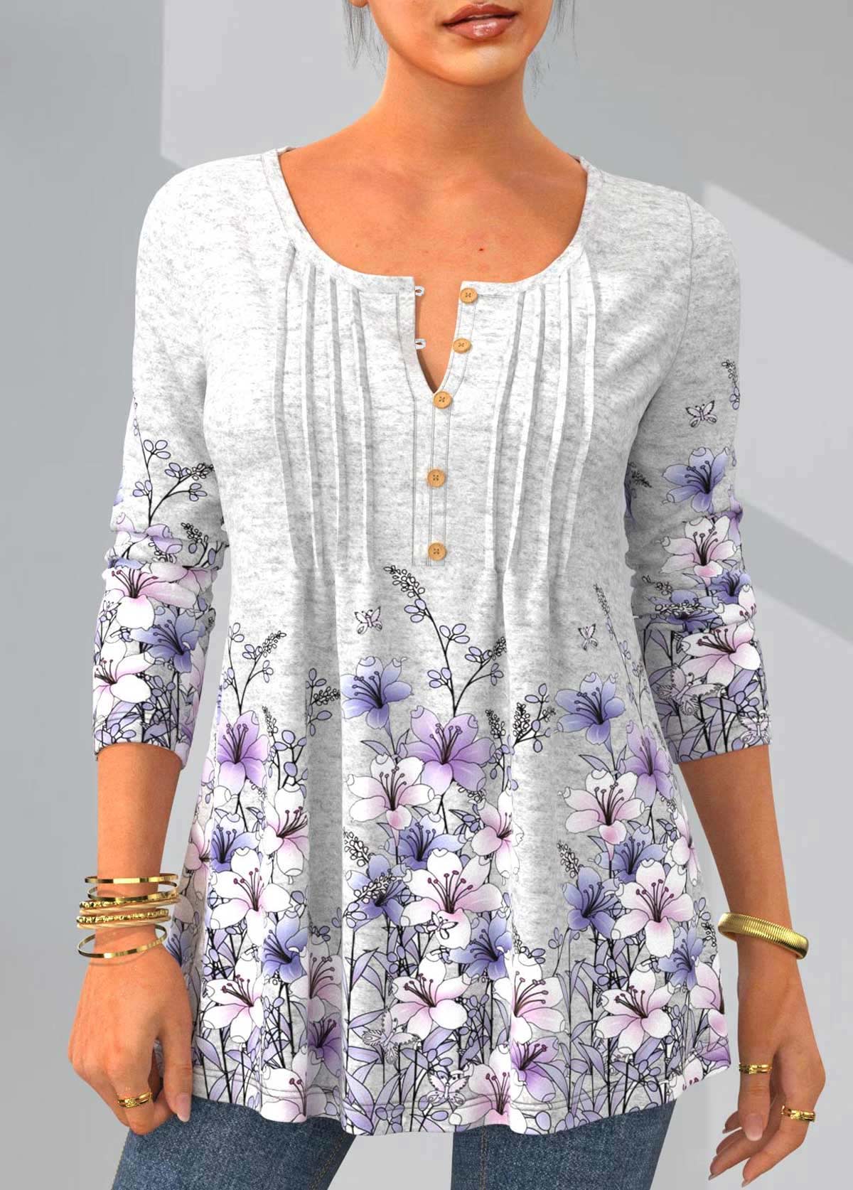 ROTITA Floral Print Crinkle Chest Long Sleeve T Shirt