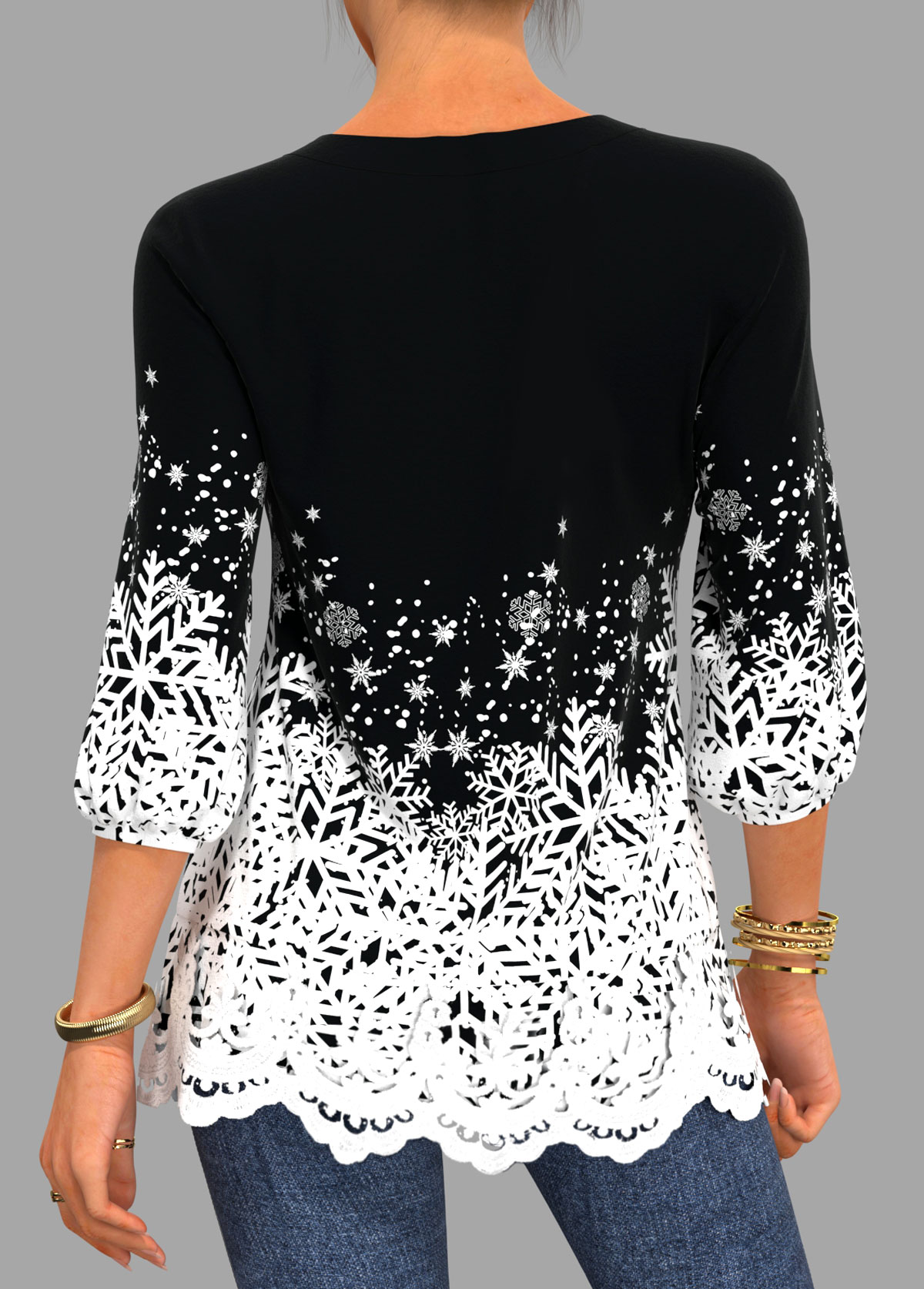 Black tops,Christmas tops,ROTITA Christmas Snowflake Print Lace Patchwork V Neck Blouse