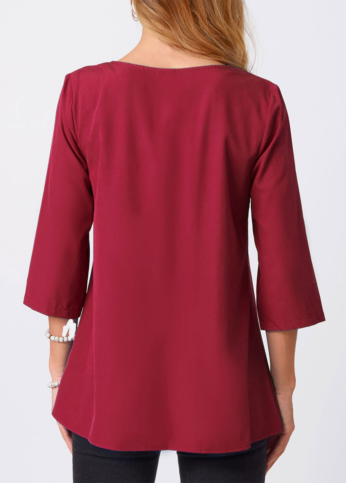Wine Red tops,Plain Color tops,ROTITA Lace Stitching Crinkle Chest Solid Round Neck Blouse