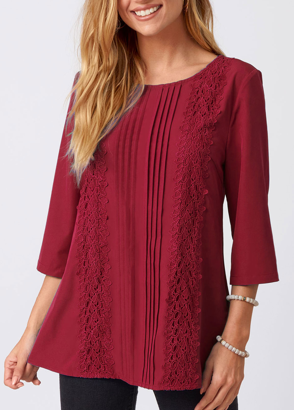 Wine Red tops,Plain Color tops,ROTITA Lace Stitching Crinkle Chest Solid Round Neck Blouse