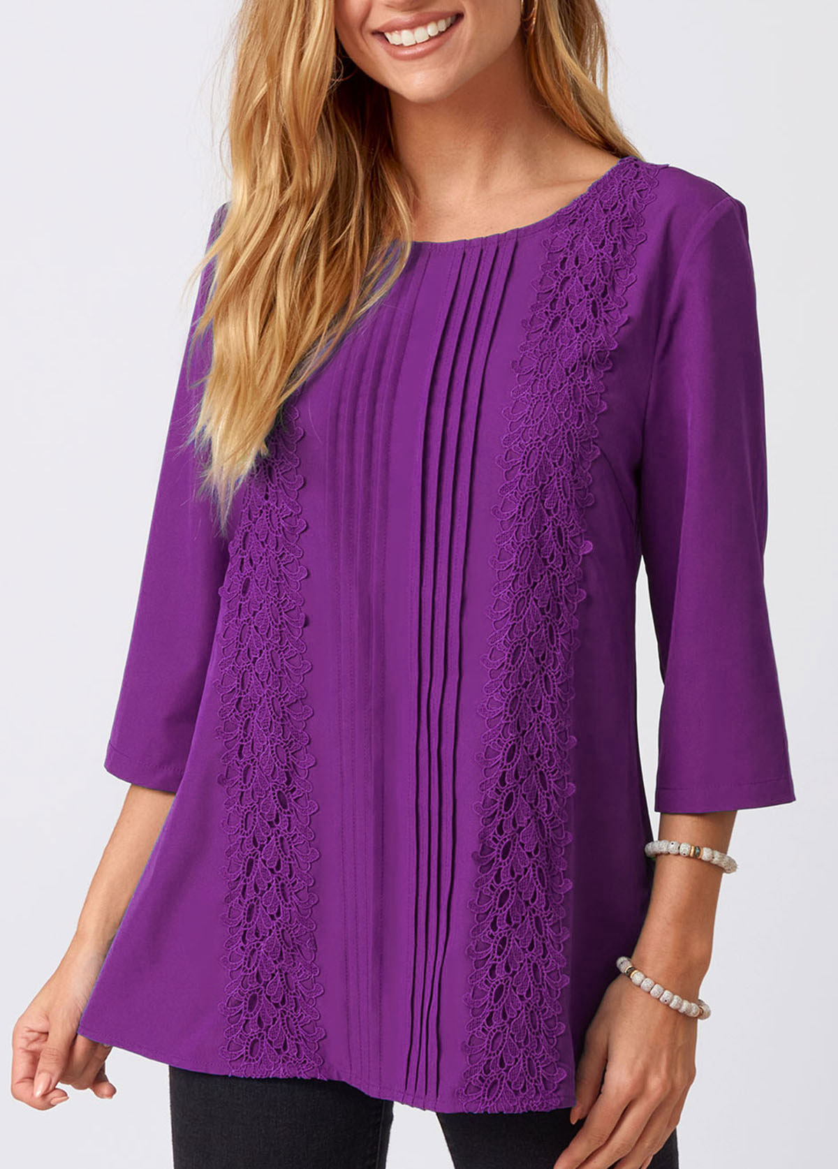 Purple tops,Plain Color tops,ROTITA Lace Stitching Crinkle Chest Solid Round Neck Blouse