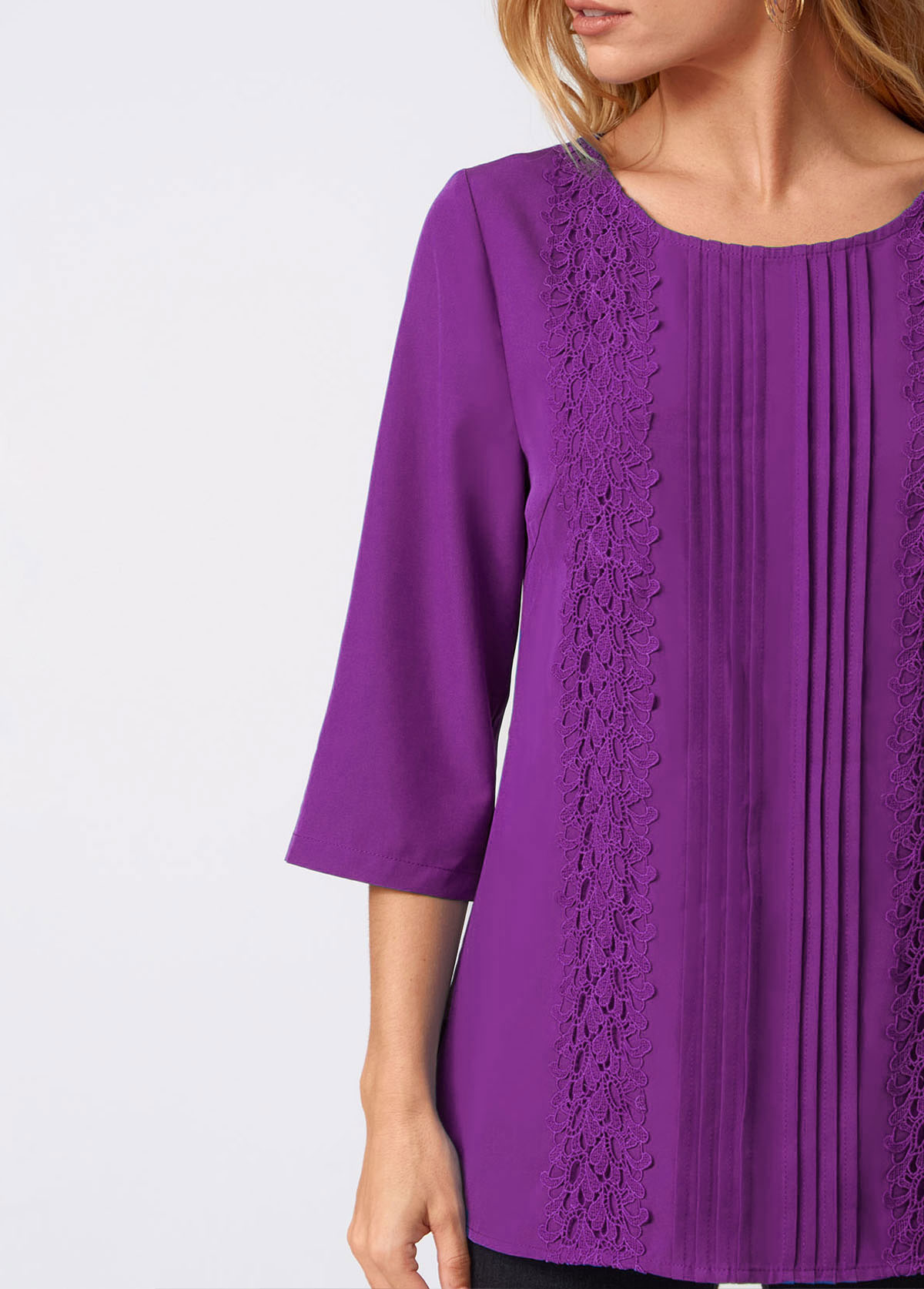 Purple tops,Plain Color tops,ROTITA Lace Stitching Crinkle Chest Solid Round Neck Blouse