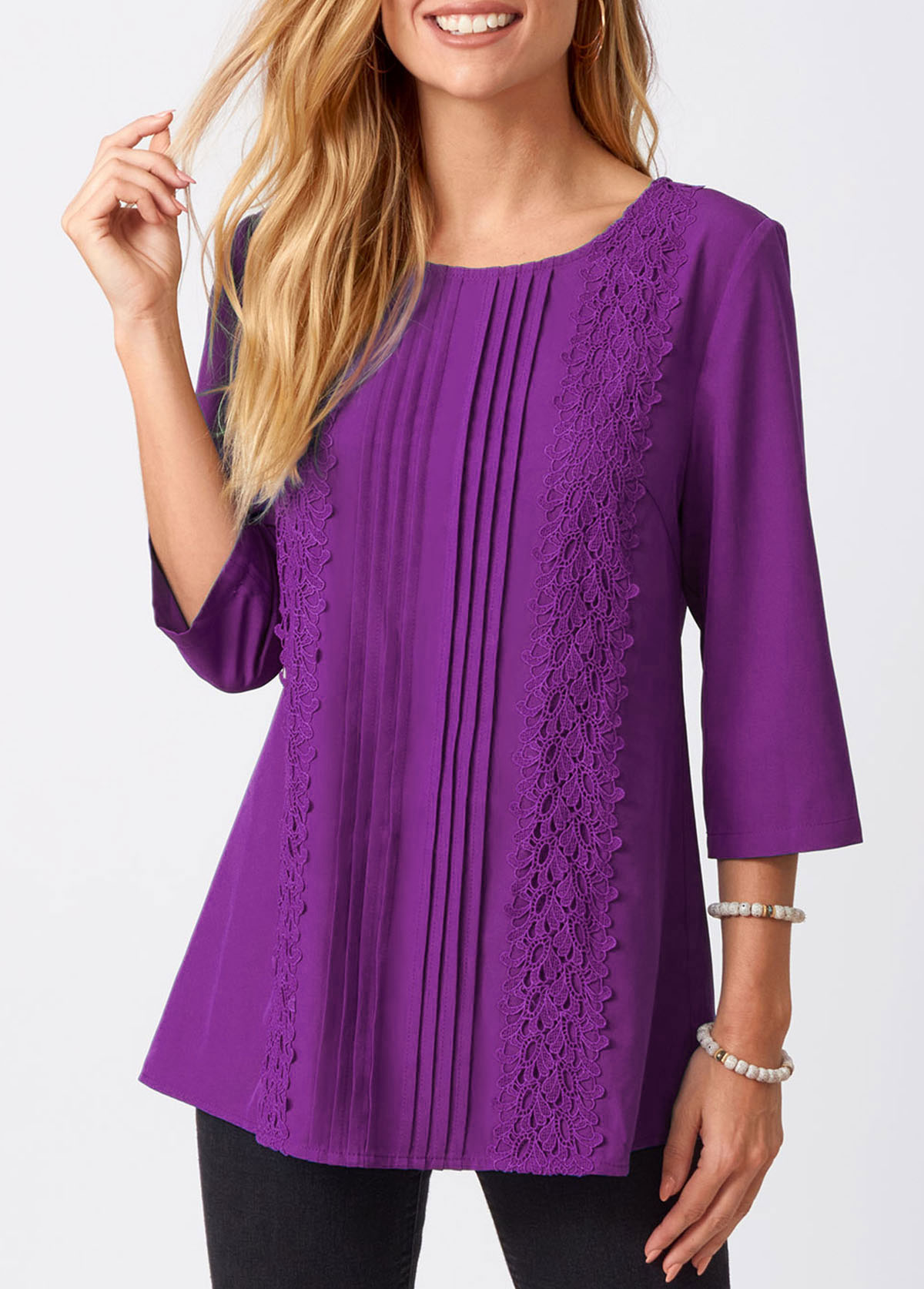 Purple tops,Plain Color tops,ROTITA Lace Stitching Crinkle Chest Solid Round Neck Blouse