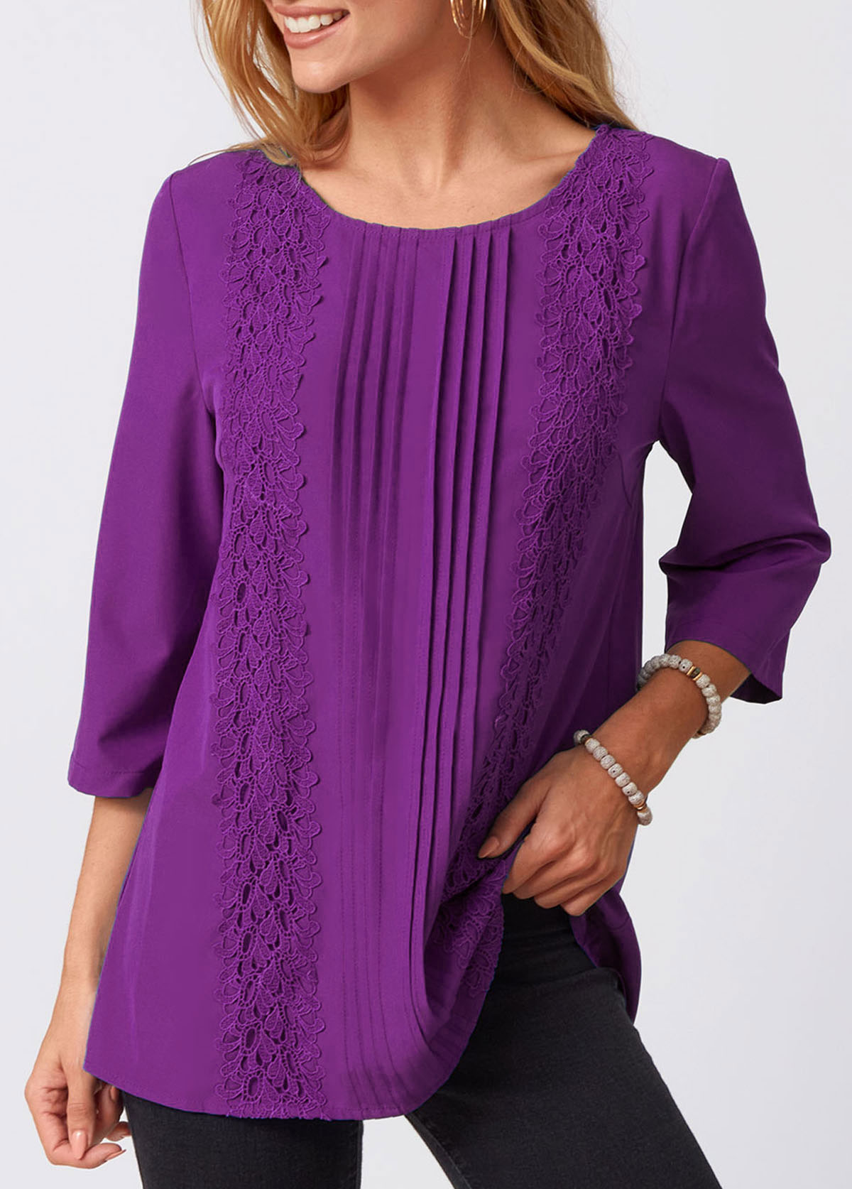 Purple tops,Plain Color tops,ROTITA Lace Stitching Crinkle Chest Solid Round Neck Blouse