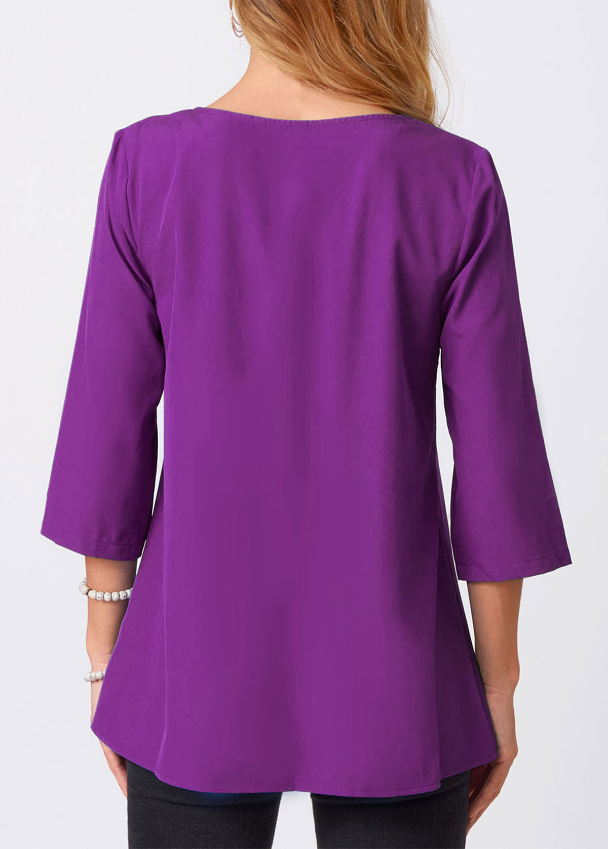 Purple tops,Plain Color tops,ROTITA Lace Stitching Crinkle Chest Solid Round Neck Blouse