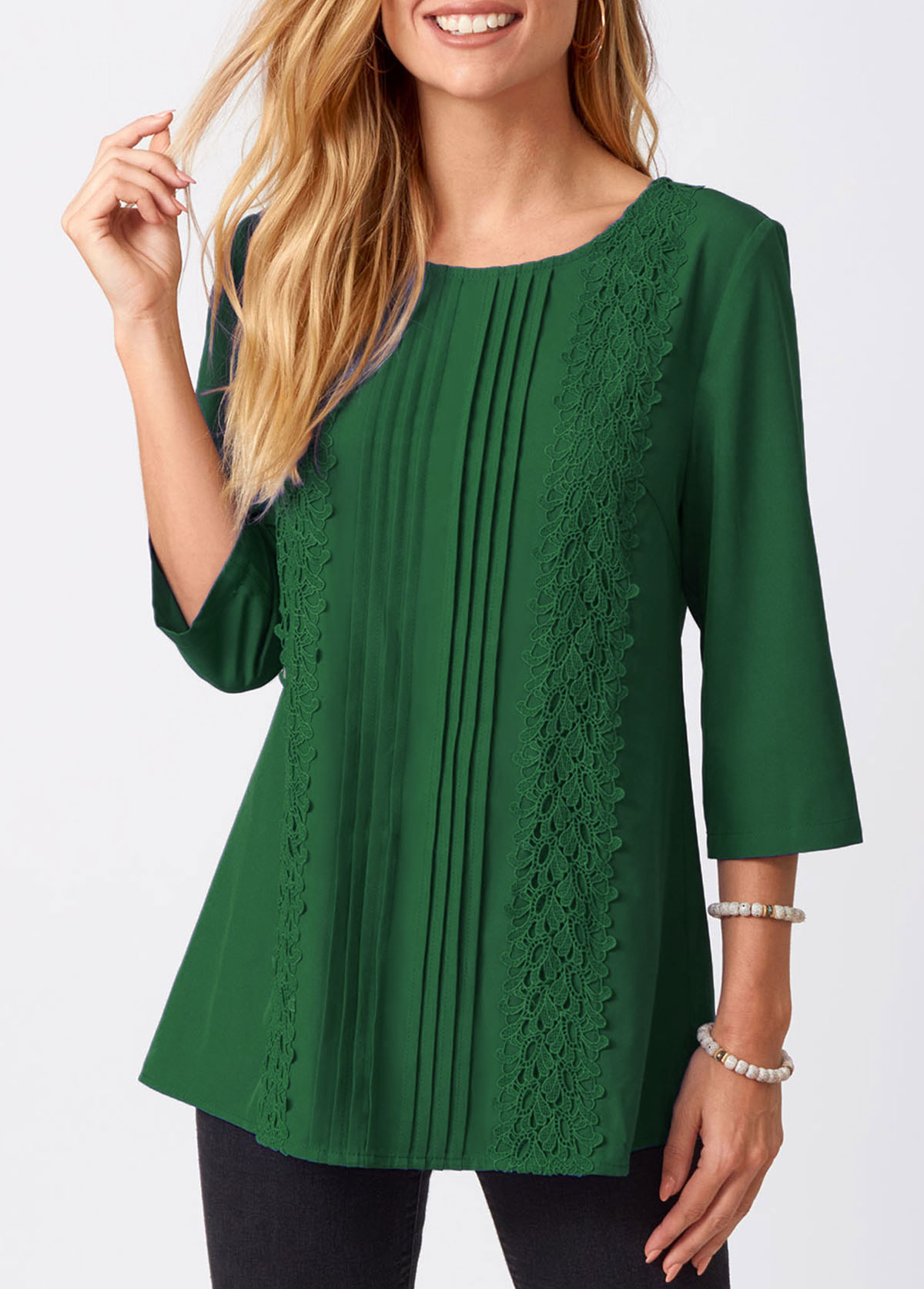 Green tops,Plain Color tops,ROTITA Lace Stitching Crinkle Chest Solid Round Neck Blouse