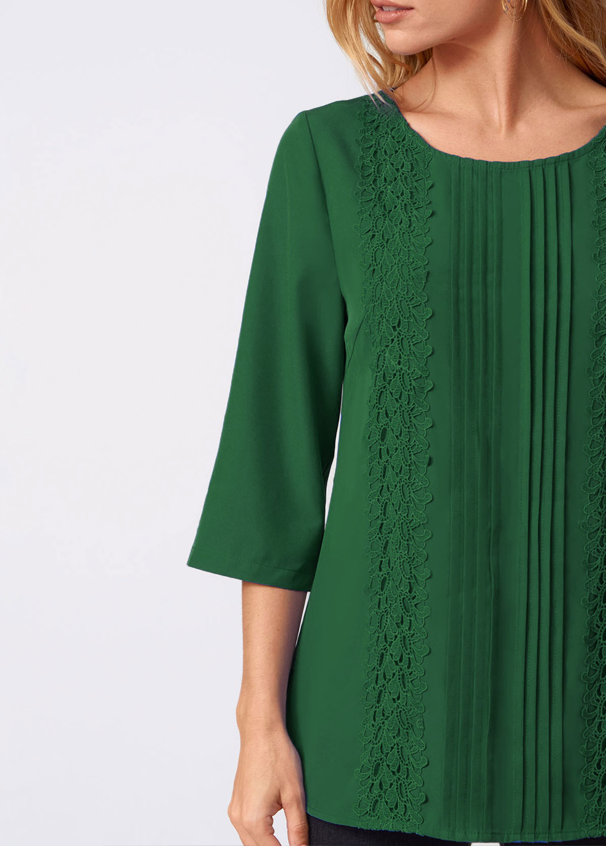 Green tops,Plain Color tops,ROTITA Lace Stitching Crinkle Chest Solid Round Neck Blouse