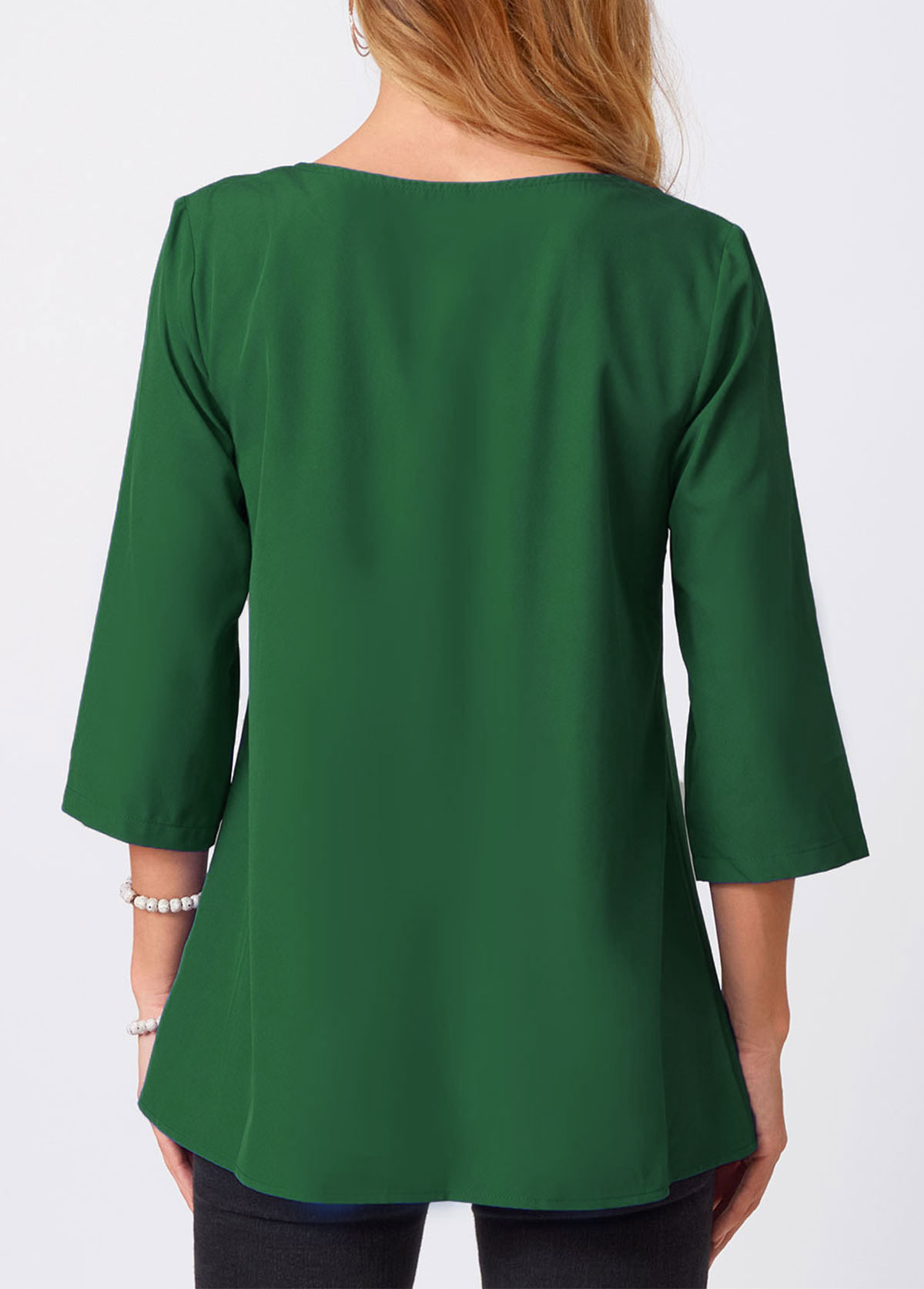 Green tops,Plain Color tops,ROTITA Lace Stitching Crinkle Chest Solid Round Neck Blouse