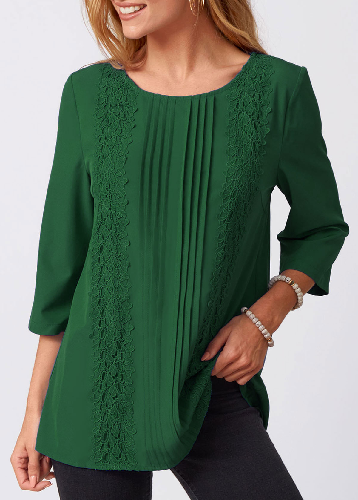Green tops,Plain Color tops,ROTITA Lace Stitching Crinkle Chest Solid Round Neck Blouse