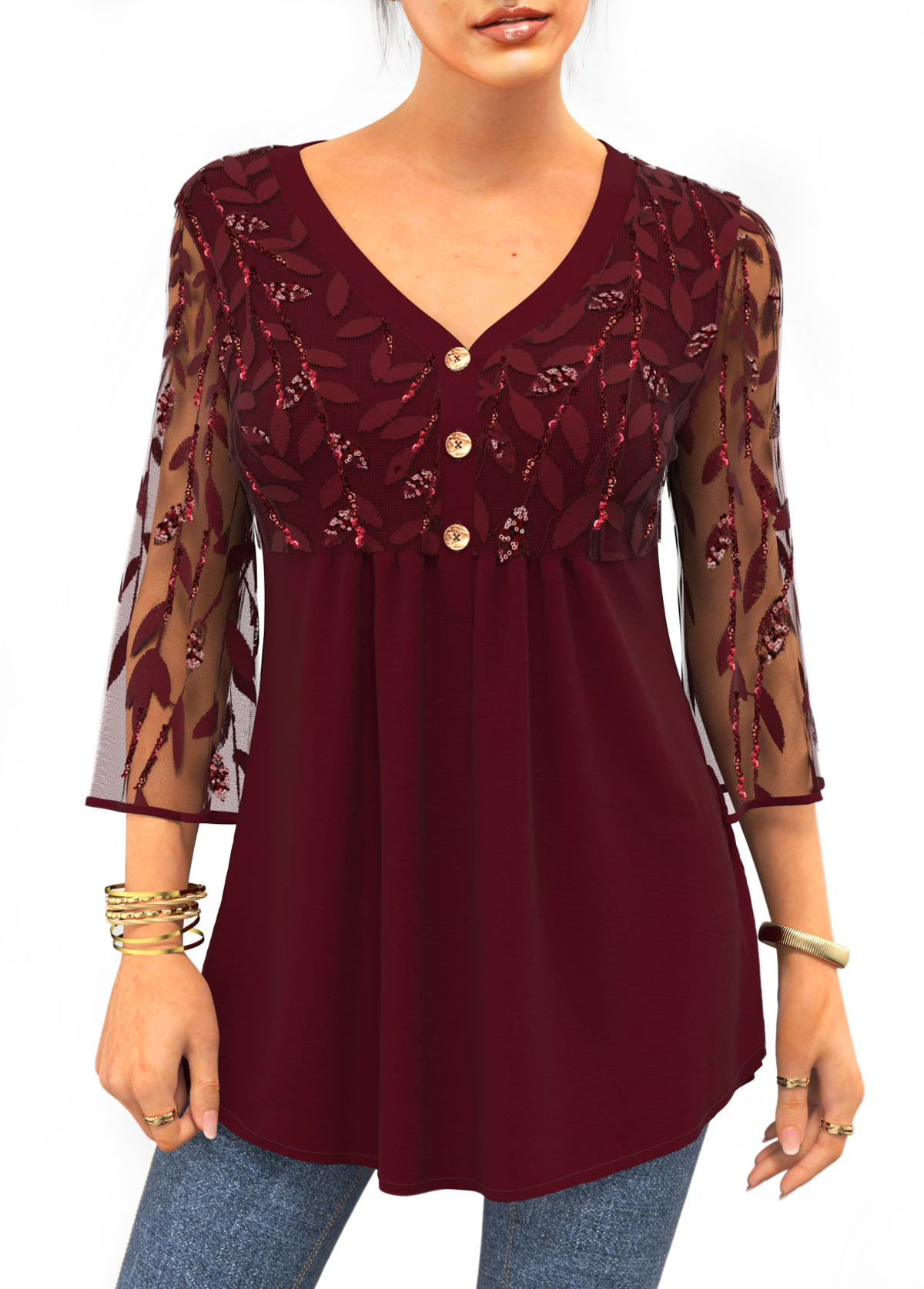 ROTITA Sequin Lace Stitching 3/4 Sleeve Solid T Shirt